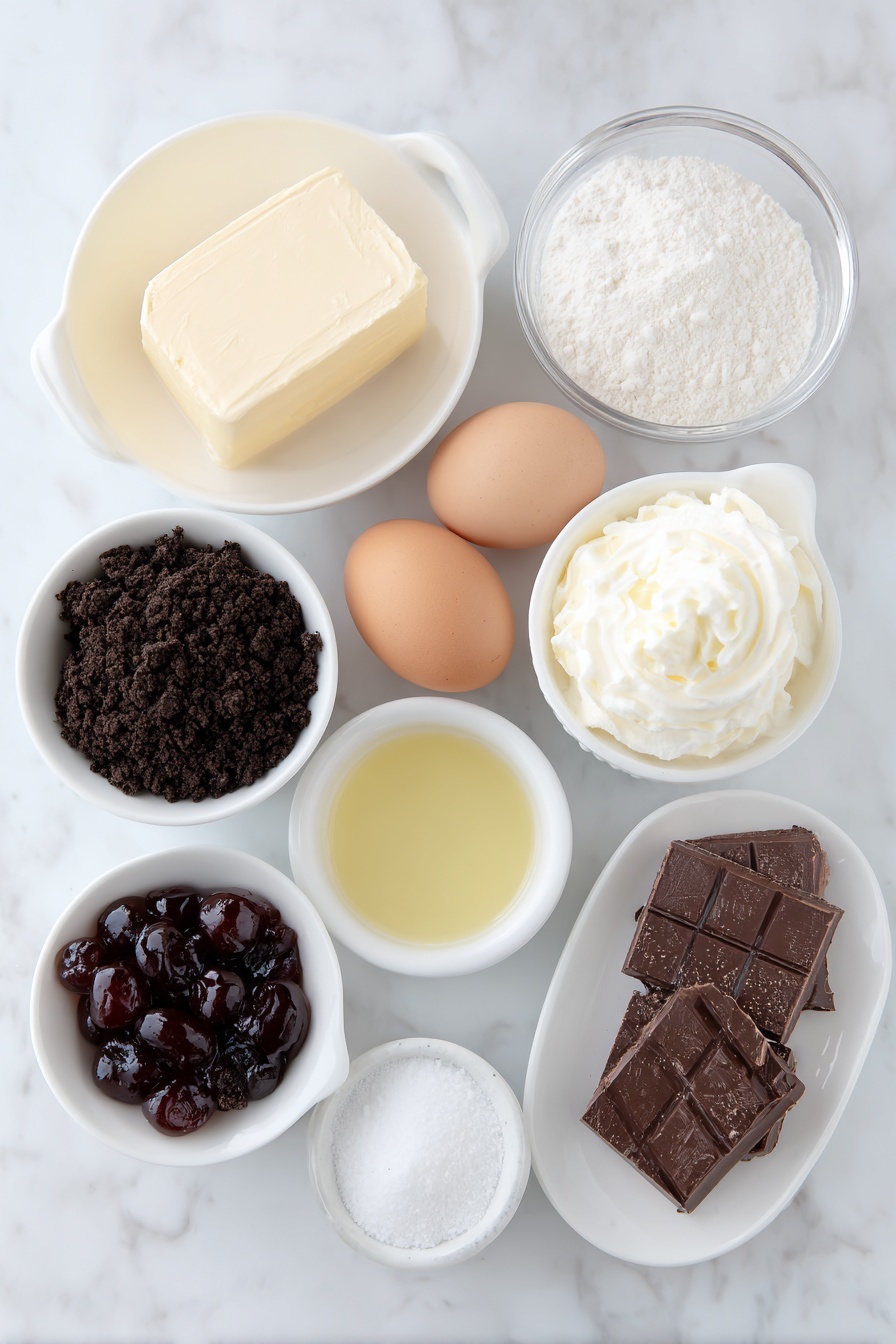 Flat lay of crushed black Oreo cookie crumbs in a simple white ceramic bowl, melted golden unsalted butter in a small white bowl, a block of smooth cream cheese, a white ceramic bowl with granulated sugar, four whole large brown eggs, a small white bowl with vanilla extract, a small white bowl with heavy cream, a simple white ceramic bowl filled with shiny semisweet chocolate chips, a small white bowl with all-purpose flour, a small white bowl of vibrant homemade cherry pie filling with whole cherries, a dollop of fresh whipped cream on a white ceramic plate, dark brown chocolate shavings arranged neatly on a white ceramic dish, placed on a clean white marble surface, soft natural light, photo taken with an iPhone, professional food photography style, fresh ingredients, white ceramic bowls, no bottles, no duplicates, no utensils, no packaging --ar 2:3 --v 7 --p m7354615311229779997 - Black Forest Cheesecake with Cherry Topping, Black Forest cheesecake recipe, Cherry-topped chocolate cheesecake, Elegant Black Forest dessert, Creamy cherry cheesecake