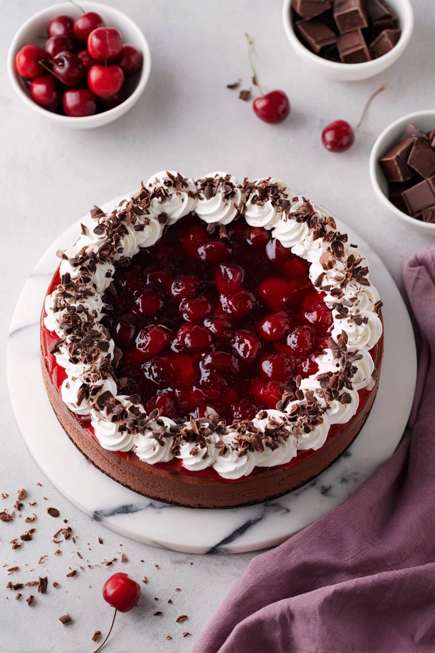 The image shows a round chocolate cake with three main layers. The bottom layer is dark brown and smooth, the middle layer is thick and red with cherries and glossy jelly, filling the center. Around the edge, there are white swirls of whipped cream topped with dark chocolate shavings, forming a ring. The cake sits on a white marbled board with scattered chocolate shavings nearby. Around the cake, there is a small white bowl filled with fresh red cherries, another white bowl with chopped dark chocolate, and another small white bowl with cherry jelly. A purple cloth is folded in the top right corner, and a few loose cherries rest on the white marbled surface. The photo taken with an iphone --ar 2:3 --v 7 - Black Forest Cheesecake with Cherry Topping, Black Forest cheesecake recipe, Cherry-topped chocolate cheesecake, Elegant Black Forest dessert, Creamy cherry cheesecake
