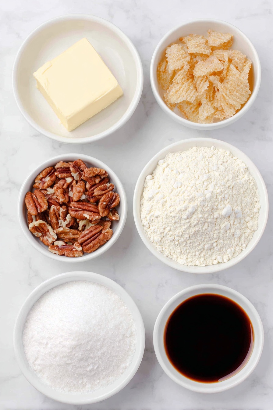 Flat lay of a small square of unsalted butter, a white ceramic bowl of granulated sugar, a small white bowl filled with crushed ridged potato chips, a white ceramic bowl holding ground pecans, a white bowl with clear pure vanilla extract, a white bowl with all-purpose flour, and a white bowl of confectioners’ sugar, all arranged symmetrically and evenly spaced, placed on a clean white marble surface, soft natural light, photo taken with an iPhone, professional food photography style, fresh ingredients, white ceramic bowls, no bottles, no duplicates, no utensils, no packaging --ar 2:3 --v 7 --p m7354615311229779997 - Potato Chip Cookies with Pecan and Chocolate, salty sweet cookies, crunchy potato chip cookies, pecan chocolate cookies, easy homemade snack