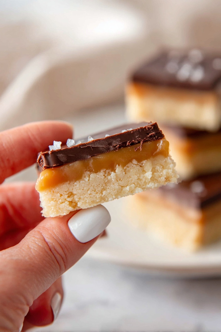 A close-up of a three-layer dessert bar held between thumb and forefinger with white-painted nails of a woman's hand. The bottom layer is a thick, crumbly pale beige crust with a slightly rough texture. Above it is a soft, smooth caramel layer in a warm light brown color. The top layer is a glossy, dark chocolate sheet with a few salt flakes visible on it. In the blurred background, more of the same dessert bars sit stacked on a white plate on a white marbled surface. Photo taken with an iphone --ar 2:3 --v 7 - Millionaire Shortbread Bars, easy millionaire shortbread, caramel chocolate bars, decadent shortbread dessert, homemade millionaire bars