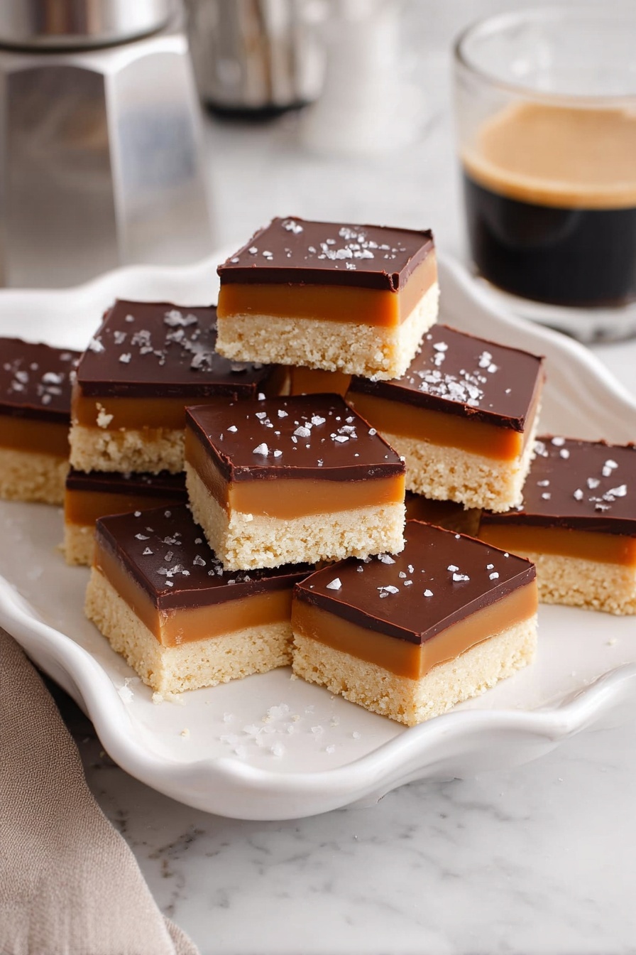The image shows a white scalloped rectangular plate filled with square dessert bars, each with three visible layers. The bottom layer is a light beige, crumbly shortbread base. The middle layer is a smooth, medium brown caramel. The top layer is a shiny, dark chocolate ganache with small white salt flakes sprinkled over it. The bars are stacked close together in a tidy arrangement on the plate. The plate is placed on a white marbled surface, and a glass of espresso and a metal coffee maker are faintly visible in the background. photo taken with an iphone --ar 2:3 --v 7 - Millionaire Shortbread Bars, easy millionaire shortbread, caramel chocolate bars, decadent shortbread dessert, homemade millionaire bars
