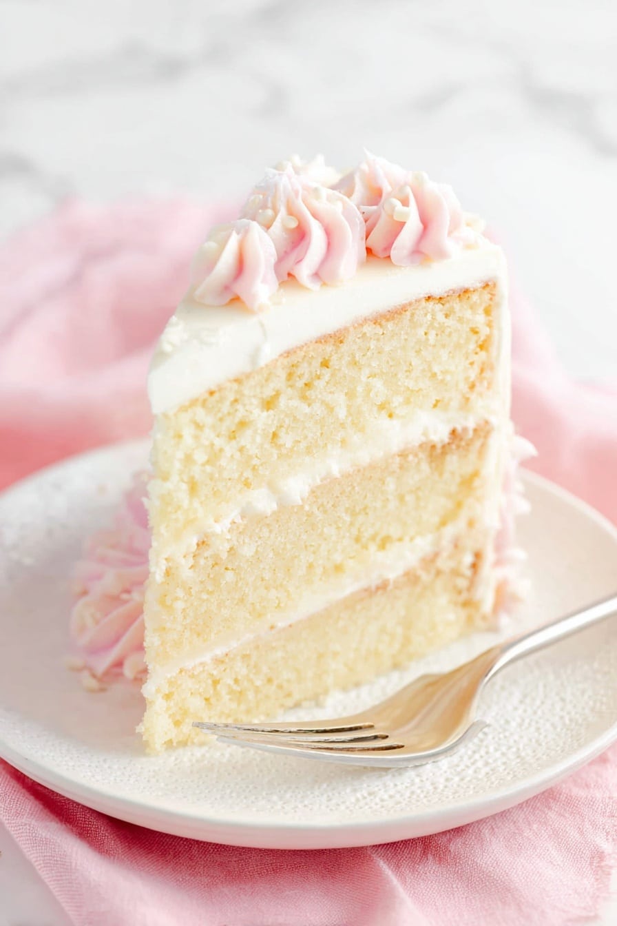 This image shows a three-layer vanilla cake with light yellow sponge layers separated by creamy pale yellow filling. The cake is covered in smooth white frosting, and the top edge is decorated with soft pink rosette designs clustered on one side. The cake sits on a white cake stand with a twisted stem, placed on a white marbled surface, with a folded pink cloth in the background. The photo taken with an iphone --ar 2:3 --v 7 - Rose Water Vanilla Layer Cake, floral vanilla layer cake, wedding cake with rose water, elegant vanilla cake recipe, homemade rose water cake