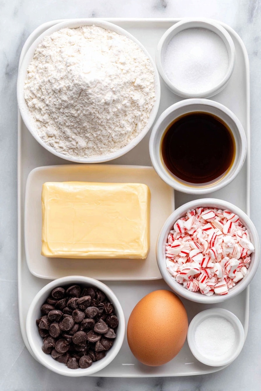 Flat lay of a small mound of all-purpose flour on a simple white ceramic plate, a small white bowl with baking powder, a small white bowl with salt, a large square of softened unsalted butter on a white ceramic dish, a small white bowl filled with granulated sugar, one whole uncracked brown egg, a small white bowl with clear peppermint extract, a small white bowl with golden vanilla extract, a small white bowl of semi-sweet chocolate chips, a small white bowl with a dollop of coconut oil, and a small white bowl filled with crushed red and white candy canes, all arranged symmetrically and balanced on a clean white marble surface, soft natural light, photo taken with an iPhone, professional food photography style, fresh ingredients, white ceramic bowls, no bottles, no duplicates, no utensils, no packaging --ar 2:3 --v 7 --p m7354615311229779997 - Chocolate Peppermint Sugar Cookies, holiday cookies with peppermint and chocolate, festive cookie recipes, peppermint sugar cookies, chocolate-dipped holiday treats
