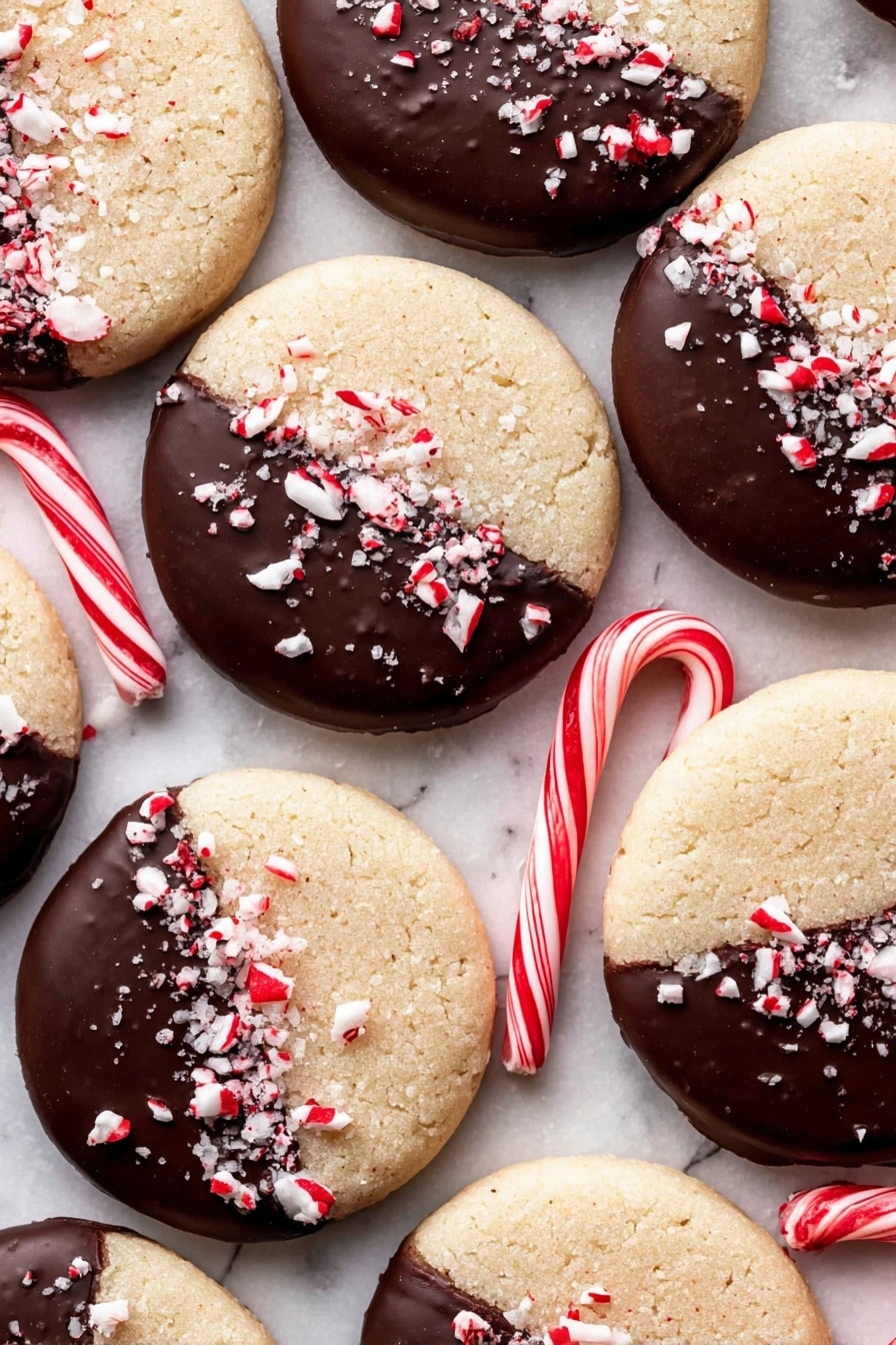 The image shows a round cookie with a light tan base layer that looks soft and slightly crumbly. The top half of the cookie is covered with a smooth, shiny dark chocolate layer that is sprinkled with small chunks of white and red crushed candy canes. One cookie in the center has a bite taken out of it, revealing the crumbly inside. Around the main cookie, there are more cookies with the same two-layer pattern and a white and red striped candy cane placed nearby. The scene is set on a white marbled surface with a small silver fluted bowl filled with chopped candy canes in the background. photo taken with an iphone --ar 2:3 --v 7 - Chocolate Peppermint Sugar Cookies, holiday cookies with peppermint and chocolate, festive cookie recipes, peppermint sugar cookies, chocolate-dipped holiday treats