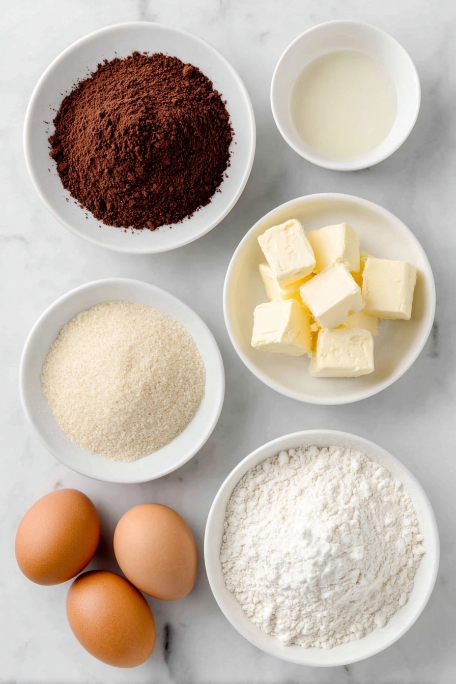 Flat lay of a small mound of all-purpose flour, a small pile of Dutch process cocoa powder, tiny heaps of baking powder, baking soda, and salt, a few chunks of softened unsalted butter, a small heap of light brown sugar, a small heap of granulated sugar, two whole uncracked brown eggs, a small white bowl with clear vanilla extract, a small white bowl filled with extra granulated sugar for rolling, and a cluster of red and white striped peppermint Hershey's Kisses unwrapped and frozen, all arranged symmetrically in simple white ceramic bowls and plates, placed on a clean white marble surface, soft natural light, photo taken with an iPhone, professional food photography style, fresh ingredients, white ceramic bowls, no bottles, no duplicates, no utensils, no packaging --ar 2:3 --v 7 --p m7354615311229779997 - Chocolate Peppermint Kiss Cookies, Chocolate Peppermint Cookies, Peppermint Hershey’s Kiss Cookies, Holiday Chocolate Cookies, Chewy Mint Chocolate Cookies