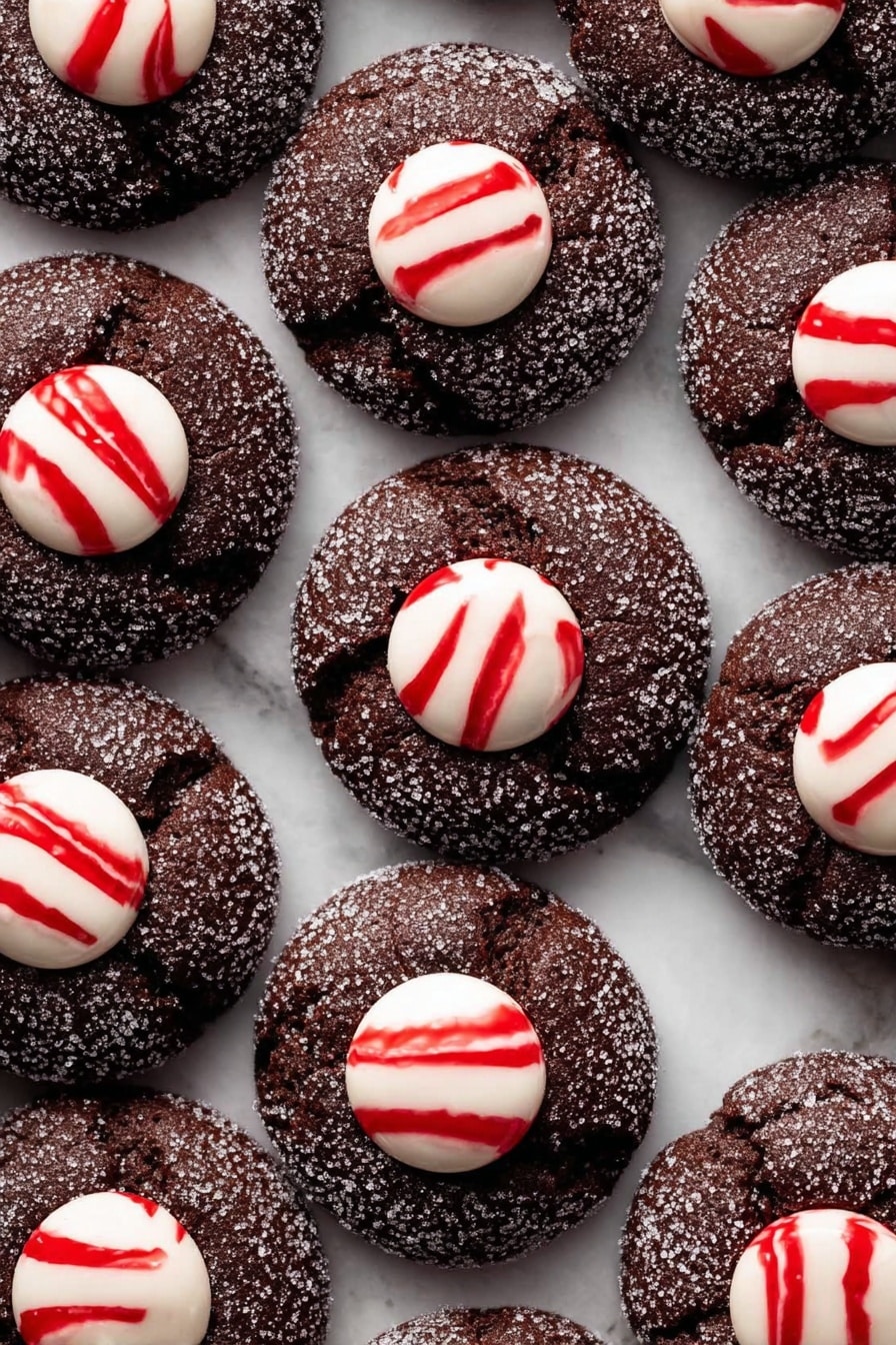 The image shows close-up of several dark chocolate cookies arranged closely on a white marbled surface. Each cookie is round with a slightly rough texture covered in a light dusting of sugar, giving it a sparkling effect. In the center of each cookie sits a white and red peppermint candy shaped like a small cone with swirled red stripes running vertically. The contrast between the dark cookies and the bright candy creates a visually striking effect. photo taken with an iphone --ar 2:3 --v 7 - Chocolate Peppermint Kiss Cookies, Chocolate Peppermint Cookies, Peppermint Hershey’s Kiss Cookies, Holiday Chocolate Cookies, Chewy Mint Chocolate Cookies