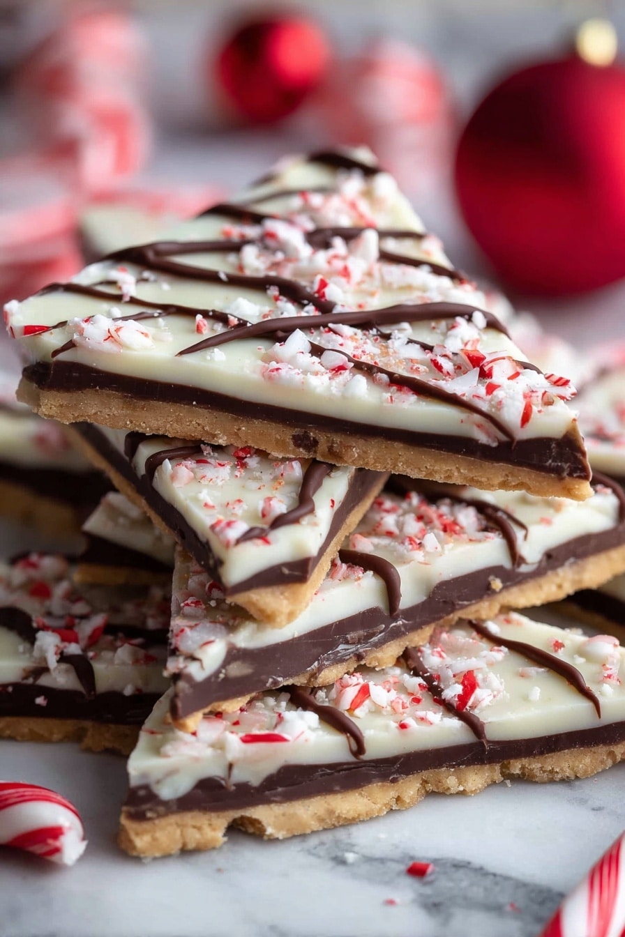 The image shows a stack of triangular peppermint bark pieces arranged on a white marbled surface. Each piece has three visible layers: the bottom layer is a light tan crunchy cracker base, the middle layer is a thick dark brown chocolate layer, and the top layer is a smooth white chocolate with crushed red and white peppermint candy bits scattered on it. Thin dark chocolate lines are drizzled across the top layer, adding contrast. In the background, red and white peppermint candies and a red Christmas ornament can be seen slightly out of focus. photo taken with an iphone --ar 2:3 --v 7 - Peppermint Bark Crackers, holiday peppermint bark, easy holiday treats, festive Christmas snacks, peppermint chocolate bark