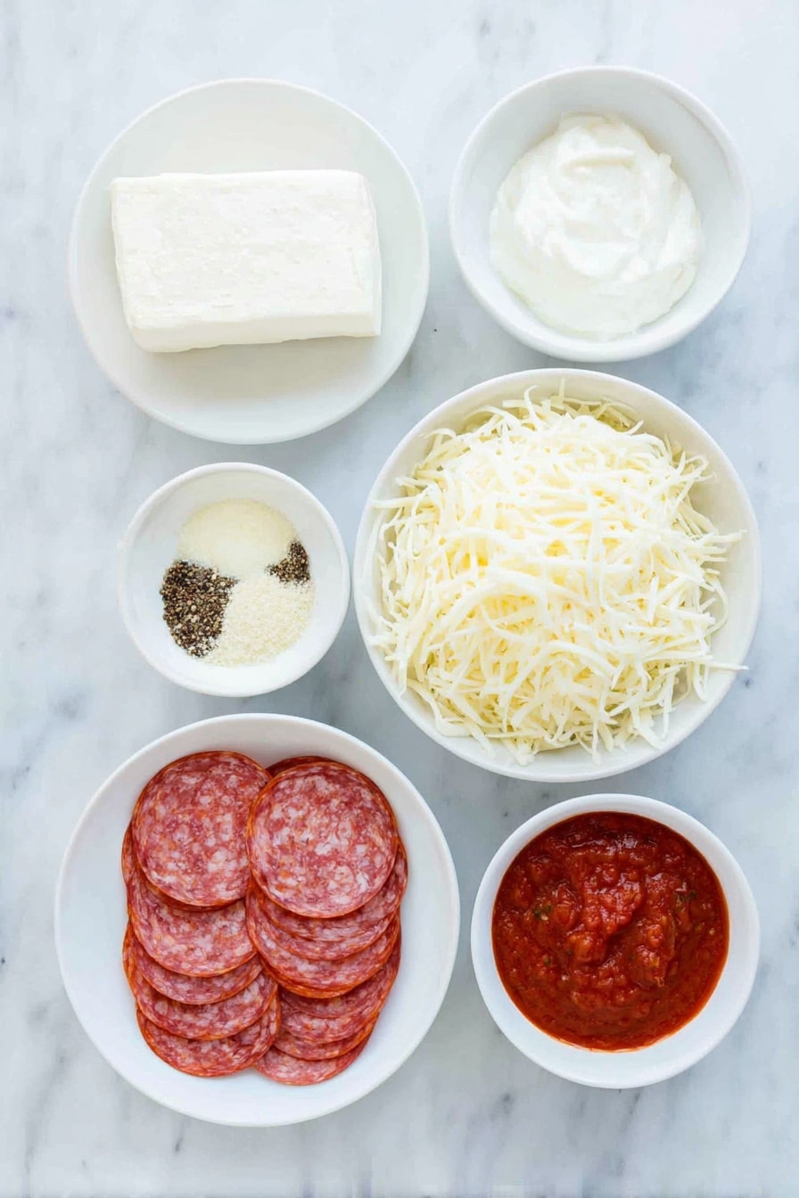 Flat lay of a small block of soft cream cheese, a small white bowl of thick sour cream, a small white bowl of finely grated parmesan cheese, a small white bowl with Italian seasoning mix, a small white bowl each of garlic powder and onion powder, a small white bowl of whole black peppercorns, a small white bowl filled with bright red marinara sauce, a small white bowl heaped with shredded mozzarella cheese, and a neat stack of fresh pepperoni slices, all ingredients fresh and natural, arranged in perfect symmetry on simple white ceramic bowls and plates, placed on a clean white marble surface, soft natural light, photo taken with an iPhone, professional food photography style, fresh ingredients, white ceramic bowls, no bottles, no duplicates, no utensils, no packaging --ar 2:3 --v 7 --p m7354615311229779997 - Pepperoni Dip with Cheese and Marinara, cheesy pepperoni dip, easy party dip, Italian appetizer recipe, crowd-pleasing cheese dip