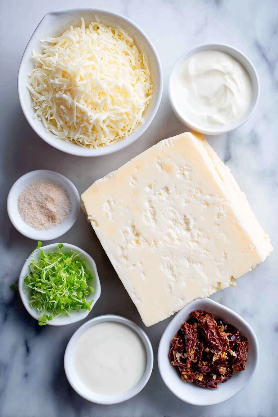 Flat lay of a small block of cream cheese, a small mound of shredded mozzarella cheese, a small white bowl filled with freshly grated Parmesan cheese, a small white bowl of sour cream, a small white bowl with garlic powder, a small white bowl with salt, a small pile of chopped sun-dried tomatoes, a small pile of chopped frozen spinach placed on a clean white marble surface, soft natural light, photo taken with an iPhone, professional food photography style, fresh ingredients, white ceramic bowls, no bottles, no duplicates, no utensils, no packaging --ar 2:3 --v 7 --p m7354615311229779997 - Tuscan Cheese Dip with Sun-Dried Tomatoes, Italian cheese dip recipe, creamy sun-dried tomato appetizer, easy cheese and spinach dip, party dip with sun-dried tomatoes