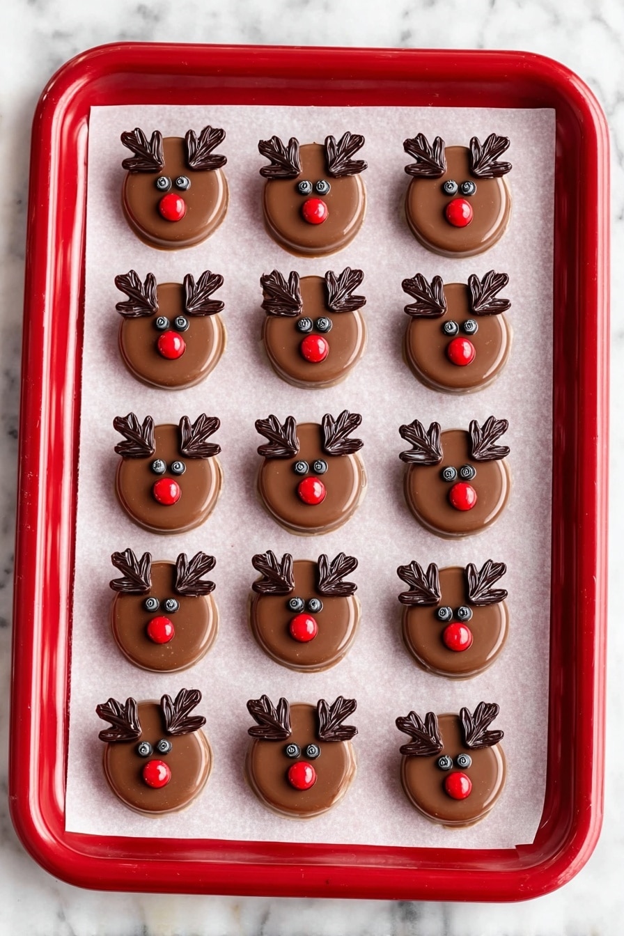 The image shows a red rectangular baking tray lined with white parchment paper, holding twenty round chocolate treats arranged in five rows of four. Each treat is topped with two dark chocolate antlers at the top, two small black eyes near the center, and a circular nose that alternates between shiny red and brown. The smooth chocolate base is medium brown and glossy, forming the face of a reindeer, with the decorations creating a cute and festive look. The background is a white marbled surface. Photo taken with an iphone --ar 2:3 --v 7 - Reindeer Oreo Cookies, festive holiday cookies, Christmas dessert ideas, easy holiday treats, adorable reindeer cookies