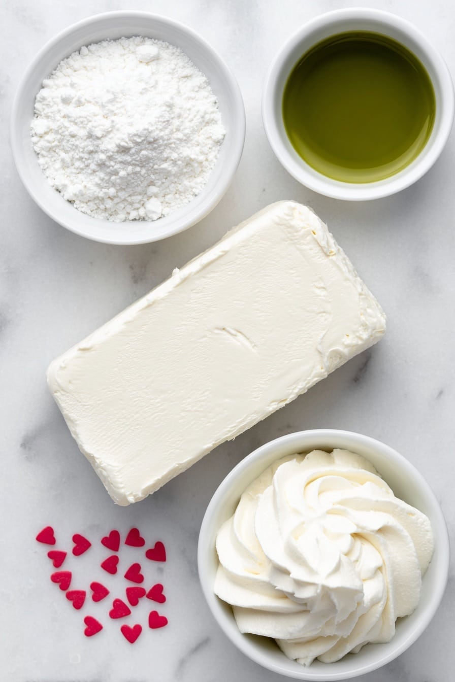 Flat lay of a block of fresh cream cheese with a smooth, creamy texture, a small white bowl filled with fine powdered sugar, a small white bowl holding glossy whipped topping with soft peaks, a small white bowl containing vibrant natural green liquid (representing green food coloring), and a handful of tiny bright red heart-shaped sprinkles scattered artfully beside the bowls, all arranged with perfect symmetry on a clean white ceramic surface, placed on a clean white marble surface, soft natural light, photo taken with an iPhone, professional food photography style, fresh ingredients, white ceramic bowls, no bottles, no duplicates, no utensils, no packaging --ar 2:3 --v 7 --p m7354615311229779997 - Grinch Green Dip with Red Heart Sprinkles, festive holiday dip, easy Christmas appetizer, kid-friendly party snack, colorful holiday dip