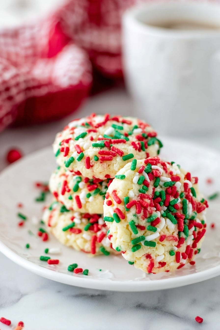A white plate filled with small round cookies, each cookie covered with red, green, and white sprinkles. The cookies have a smooth pale yellow base that is fully coated by the colorful sprinkles, making them look festive. The plate sits on a white marbled surface with a red and white cloth partially visible under the plate. The cookies are piled in a loose mound, showing their uniform size and shape. photo taken with an iphone --ar 2:3 --v 7 - Christmas Sprinkle Pudding Cookies, festive holiday cookies, chewy vanilla pudding cookies, colorful Christmas cookie recipes, easy holiday cookie ideas