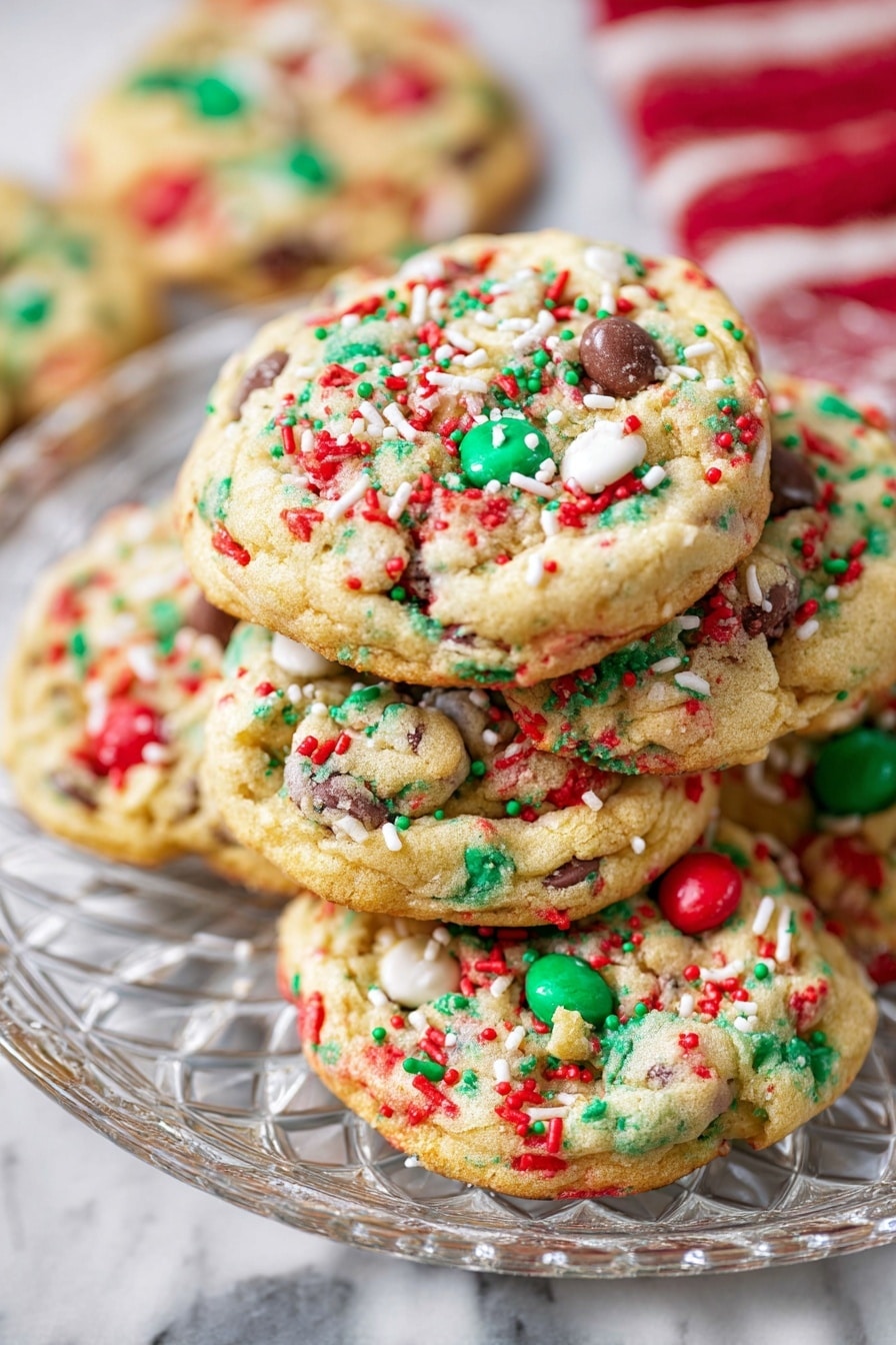 Several round cookies lie on a black wire cooling rack placed on a white marbled surface. Each cookie has a golden-brown base with bright red and green sprinkles mixed into the dough, creating a festive, colorful look. There are white chocolate chips scattered throughout the cookies, adding small white highlights. On top of each cookie, there are one or two smooth milk chocolate drops, some decorated with tiny round red, white, and green sprinkles. A few whole red chocolate candies and white chocolate chips are scattered around the cooling rack on the marbled surface, adding extra color and texture. photo taken with an iphone --ar 2:3 --v 7 - Christmas Chocolate Chip Cookies, festive holiday cookies, chewy chocolate chip cookies, holiday cookie recipes, colorful Christmas cookies