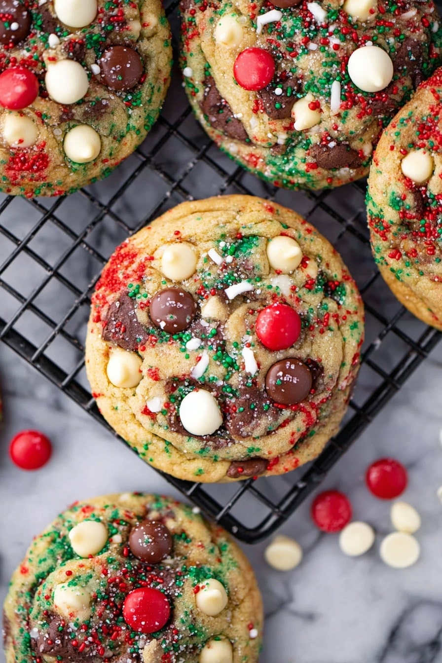 A clear glass plate holds about a dozen round cookies that are light brown with a soft texture, scattered with red, green, and white small candy pieces and sprinkles. Each cookie shows different amounts of thick, melted chocolate chips in brown, and small white bits, all mixed throughout the dough. The cookies are slightly puffy and close together, stacking on top of each other on a white marbled surface, next to a red, white, green, blue, and yellow checkered cloth. photo taken with an iphone --ar 2:3 --v 7 - Christmas Chocolate Chip Cookies, festive holiday cookies, chewy chocolate chip cookies, holiday cookie recipes, colorful Christmas cookies