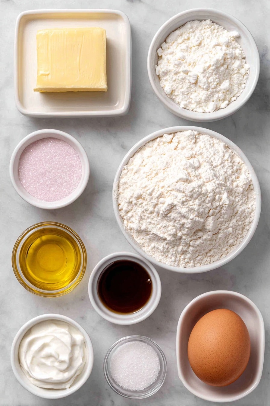 Flat lay of a small square of unsalted butter, a white ceramic bowl with granulated sugar, a white ceramic bowl with powdered sugar, a white ceramic bowl with clear canola oil, a white ceramic bowl with pure vanilla extract, a white ceramic bowl with almond extract, one large whole uncracked egg with a clean shell, a white ceramic bowl filled with all-purpose flour, a small white ceramic bowl containing baking soda, a small white ceramic bowl with cream of tartar, a small white ceramic bowl of salt, a white ceramic bowl with extra granulated sugar for sprinkling, all arranged in perfect symmetry, fresh and natural, placed on a clean white marble surface, soft natural light, photo taken with an iPhone, professional food photography style, fresh ingredients, white ceramic bowls, no bottles, no duplicates, no utensils, no packaging --ar 2:3 --v 7 --p m7354615311229779997 - Mini Sugar Cookies, sugar cookie bites, easy sugar cookies, soft and crunchy cookies, party cookie recipes
