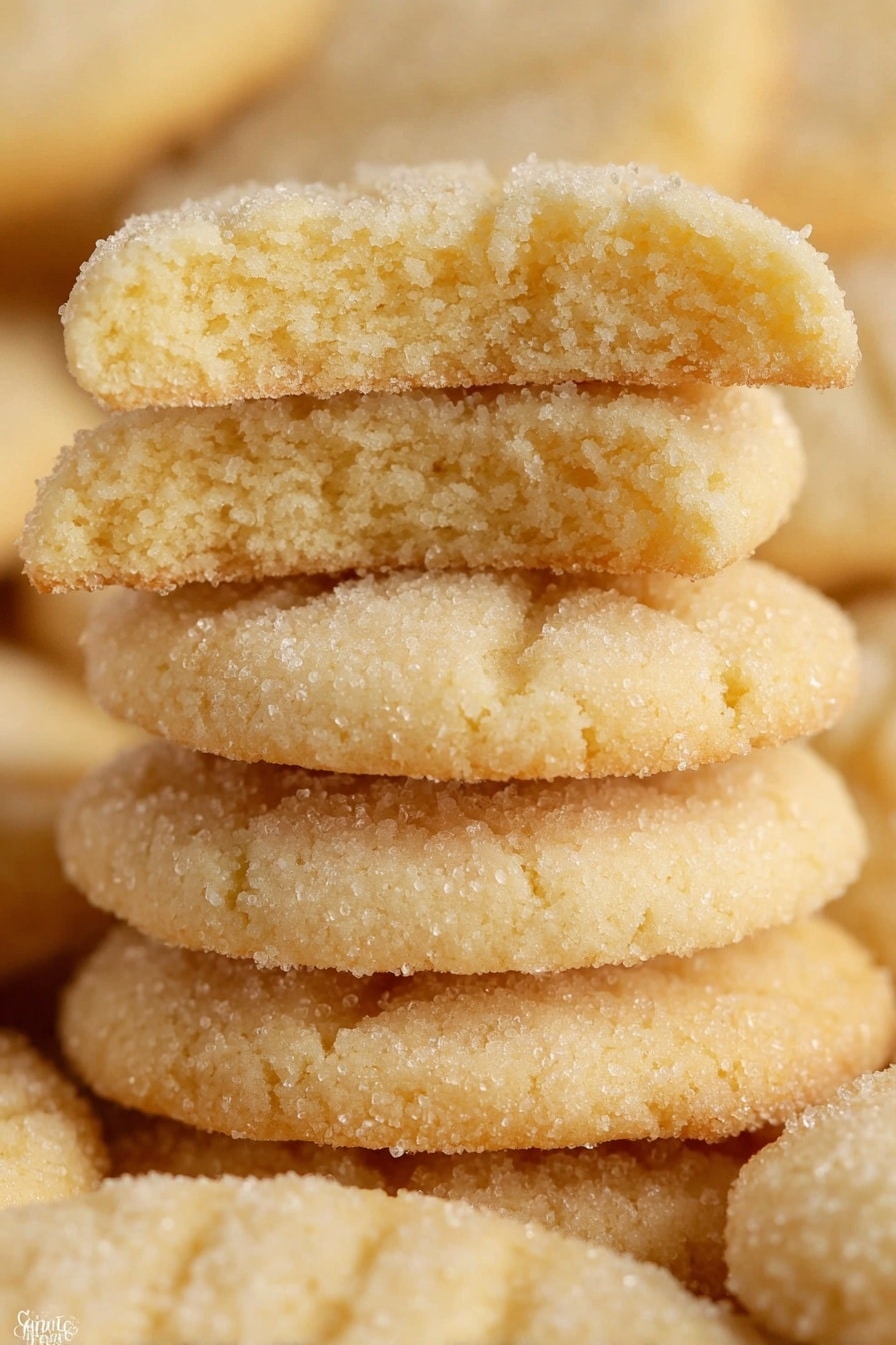 A close-up image shows a stack of five light golden sugar cookies with a crumbly texture. Each cookie displays a soft, slightly porous inside with a fine coating of sugar crystals on the top surface, giving a grainy look. The cookies are stacked neatly, with the top three slightly angled to reveal their thickness and texture. The background is filled with more cookies, blurred softly to keep the focus on the stack in front. The overall color is warm pale yellow, highlighting the soft texture and sugar topping. photo taken with an iphone --ar 2:3 --v 7 - Mini Sugar Cookies, sugar cookie bites, easy sugar cookies, soft and crunchy cookies, party cookie recipes