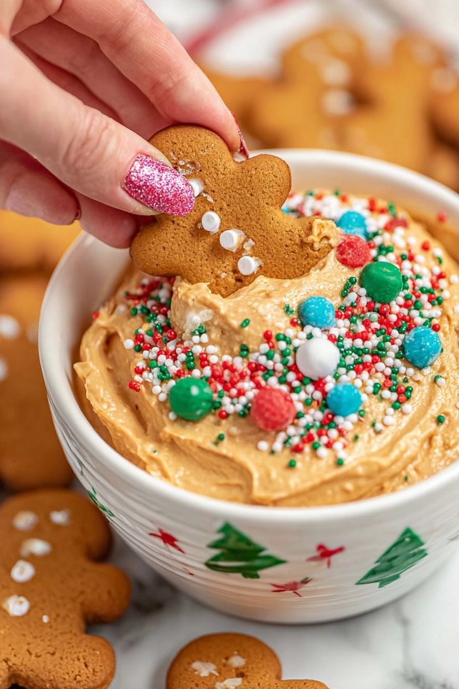 A close-up of a white bowl filled with smooth, light brown creamy dip topped with red, white, green, and blue festive sprinkles including small trees and round shapes. A woman’s hand with glittery pink nail polish holds a gingerbread cookie decorated with sugar crystals, dipping it into the bowl. More gingerbread cookies are blurred in the background on a white marbled surface. The overall look is bright and festive. photo taken with an iphone --ar 2:3 --v 7 - Sweet Gingerbread Cheesecake Dip, festive holiday dip, easy gingerbread dip, creamy holiday appetizer, gingerbread flavored dip