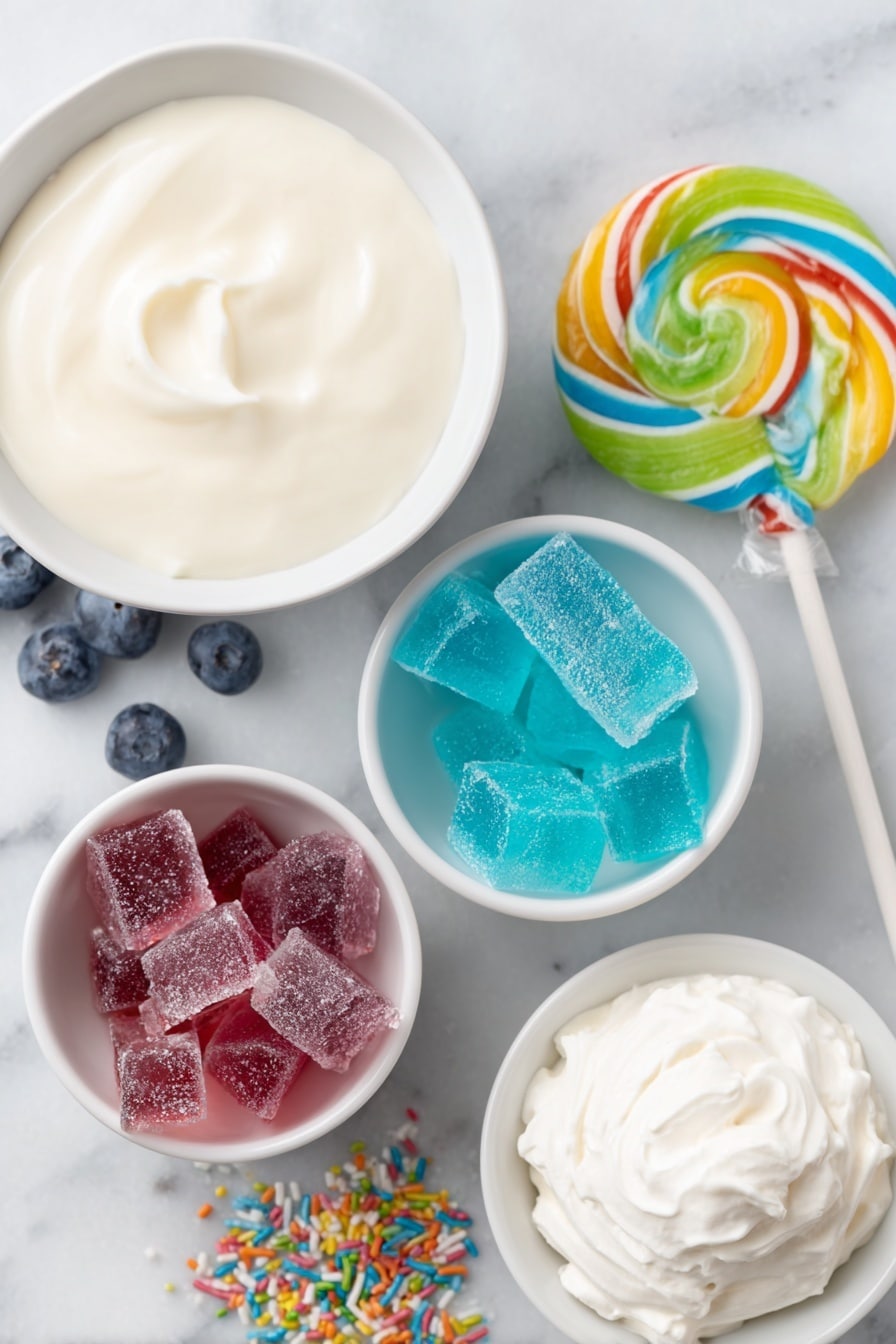 Flat lay of four small white ceramic bowls each filled with vibrant grape purple, blue raspberry blue, lime green, and watermelon pink gelatin cubes; a simple white ceramic bowl of smooth fat-free vanilla yogurt; a small white ceramic bowl with creamy sweet cream coffee creamer; a dollop of fluffy white whipped cream on a white ceramic plate; colorful round sprinkles scattered neatly beside the bowls; a single bright twisty rainbow lollipop with spiral stripes placed delicately nearby, all arranged in perfect symmetry and balanced proportions, placed on a clean white marble surface, soft natural light, photo taken with an iPhone, professional food photography style, fresh ingredients, white ceramic bowls, no bottles, no duplicates, no utensils, no packaging --ar 2:3 --v 7 --p m7354615311229779997 - Colorful Unicorn Jello Cups, layered jello dessert, kids party treat, vibrant jello recipes, whimsical gelatin cups
