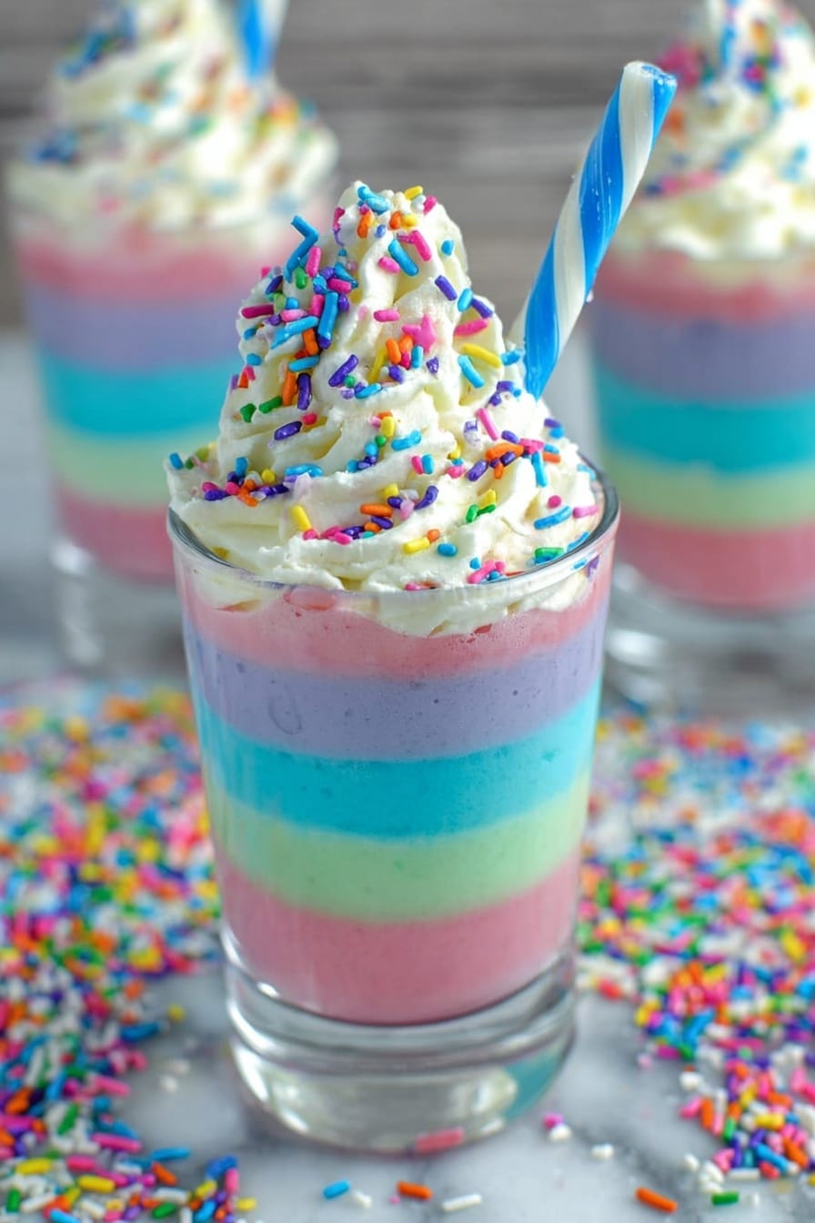The image shows a colorful layered dessert in a clear glass with four distinct layers from bottom to top: light purple, bright blue, light green, and pink. On top, there is a swirl of white whipped cream covered with multicolored sprinkles. Stuck into the whipped cream is a twisted blue-and-white candy stick. The glass is placed on a white marbled surface scattered with more vibrant rainbow sprinkles, and two similar glasses with the same dessert appear blurred in the background. Photo taken with an iphone --ar 2:3 --v 7 - Colorful Unicorn Jello Cups, layered jello dessert, kids party treat, vibrant jello recipes, whimsical gelatin cups