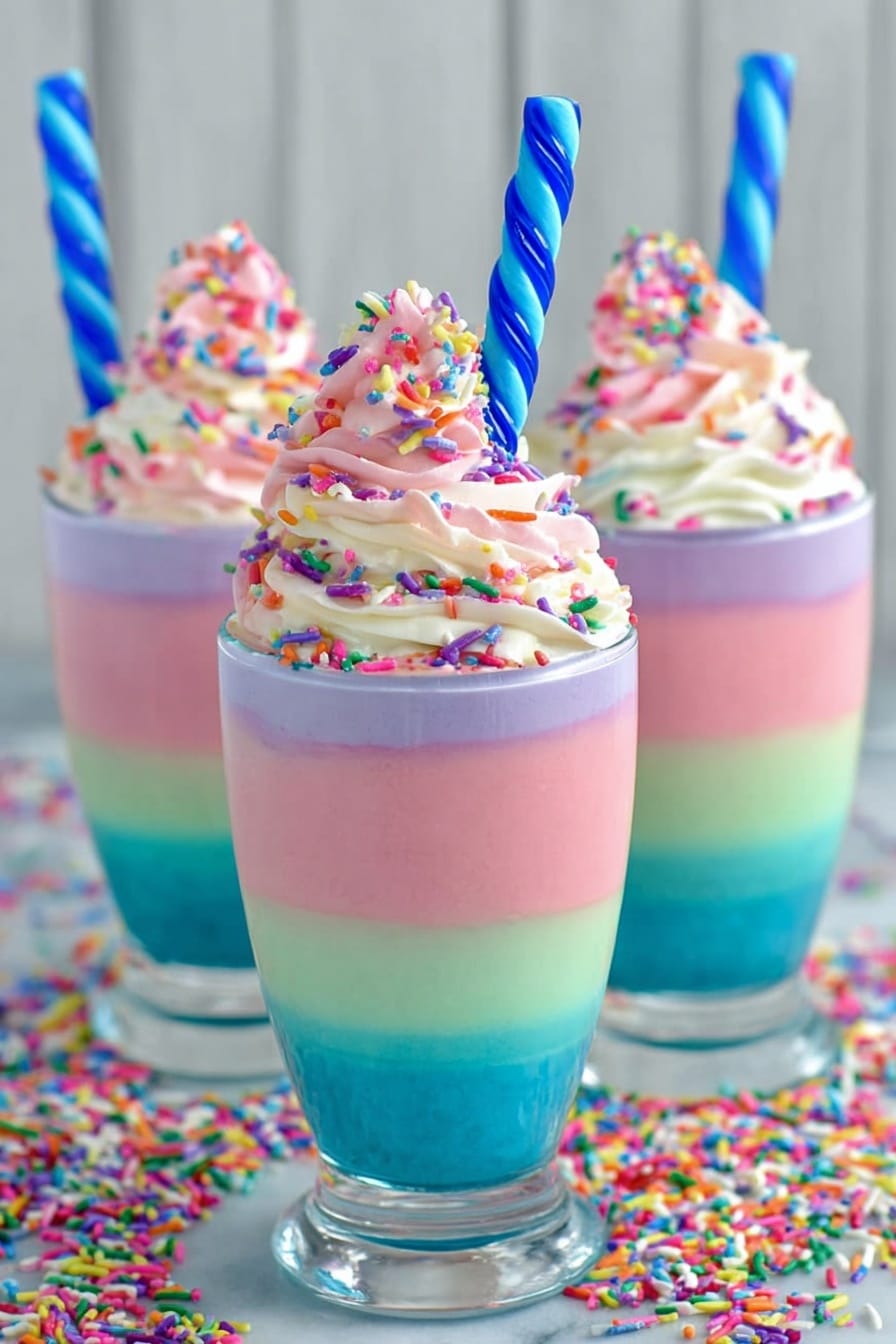 Three clear glass cups each hold a four-layered dessert, starting at the bottom with a thick purple layer, followed by a smooth blue layer, then a green layer, and topped with a pink layer. On top of each pink layer is a swirl of white whipped cream decorated with multicolored sprinkles. A blue spiral candle is inserted into each whipped cream swirl. The cups are arranged on a white marbled surface scattered with colorful sprinkles, and the background is simple with white wooden panels. photo taken with an iphone --ar 2:3 --v 7 - Colorful Unicorn Jello Cups, layered jello dessert, kids party treat, vibrant jello recipes, whimsical gelatin cups