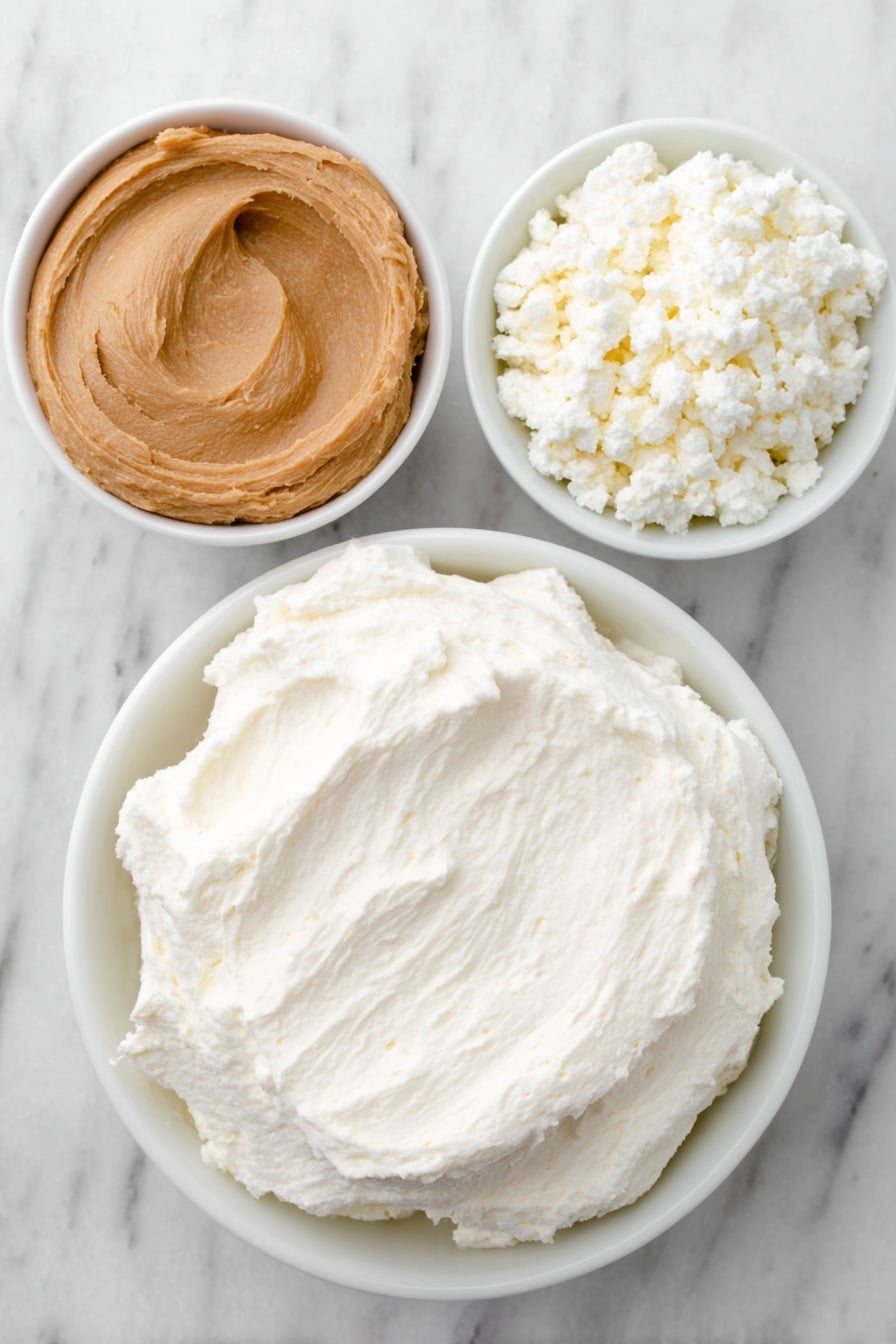 Flat lay of a smooth mound of creamy peanut butter, a small white ceramic bowl filled with thick vanilla frosting, placed on a clean white marble surface, soft natural light, photo taken with an iPhone, professional food photography style, fresh ingredients, white ceramic bowls, no bottles, no duplicates, no utensils, no packaging --ar 2:3 --v 7 --p m7354615311229779997 - Easy 2-Ingredient Peanut Butter Fudge, simple peanut butter fudge, quick peanut butter fudge, creamy peanut butter fudge, no-bake peanut butter fudge