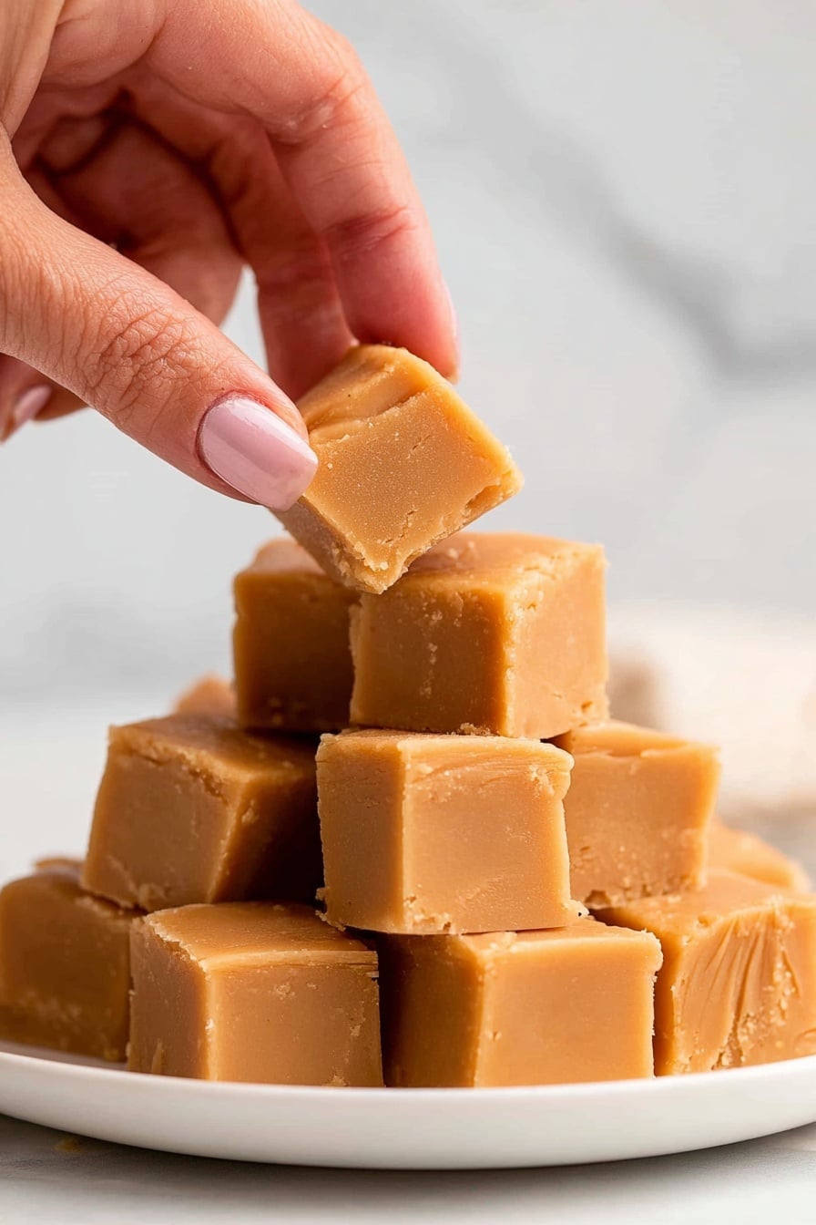 A white plate holds a small tower of smooth, light brown fudge cubes stacked neatly. Each cube shows a soft, dense texture with clean edges, and there are about three layers of cubes forming the pile. A woman's hand is gently picking up one cube from the top, showing the close-up details of the fudge’s creamy surface. The background is a white marbled texture, adding a clean and bright look to the scene. Photo taken with an iphone --ar 2:3 --v 7 - Easy 2-Ingredient Peanut Butter Fudge, simple peanut butter fudge, quick peanut butter fudge, creamy peanut butter fudge, no-bake peanut butter fudge