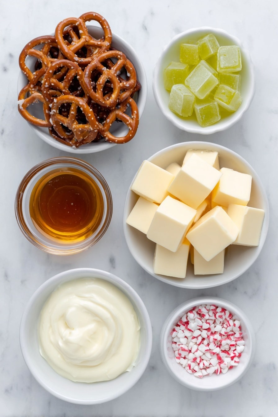 Flat lay of mini pretzel twists arranged neatly, soft caramel squares cut in halves displayed in a simple white ceramic bowl, two small white ceramic bowls each containing vibrant green candy melts and kelly green candy melts, a small white ceramic bowl with creamy vegetable shortening, and a scattering of red and white heart-shaped sprinkles on the white marble surface, all ingredients fresh and natural, perfectly balanced and symmetrical, placed on a clean white marble surface, soft natural light, photo taken with an iPhone, professional food photography style, fresh ingredients, white ceramic bowls, no bottles, no duplicates, no utensils, no packaging --ar 2:3 --v 7 --p m7354615311229779997 - Grinch Pretzel Bites Caramel and Candy Melts, festive holiday treats, easy holiday snacks, green pretzel bites with caramel, Christmas party desserts
