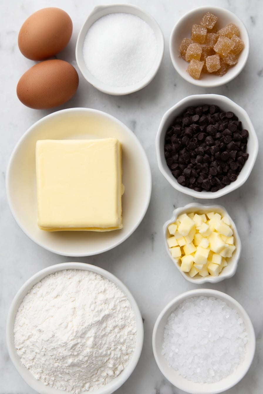 Flat lay of unsalted butter in a small white ceramic bowl, light brown sugar packed loosely in a simple white bowl, granulated sugar in another white bowl, two whole large brown eggs with clean shells, a few teaspoons of vanilla extract in a small white bowl, a pinch of fine salt in a white bowl, baking soda powder in a separate white dish, all-purpose flour heaped gently in a white ceramic bowl, semi-sweet chocolate chips scattered naturally on the surface, a small white bowl filled with sweetened condensed milk, golden caramel bits piled in a white bowl, a few flakes of coarse sea salt sprinkled neatly beside the bowls, all arranged symmetrically and proportionally placed on a clean white marble surface, soft natural light, photo taken with an iPhone, professional food photography style, fresh ingredients, white ceramic bowls, no bottles, no duplicates, no utensils, no packaging --ar 2:3 --v 7 --p m7354615311229779997 - Salted Caramel Chocolate Chip Cookie Bars, caramel cookie bar recipe, easy caramel cookie bars, gooey caramel cookie bars, homemade caramel cookie bars