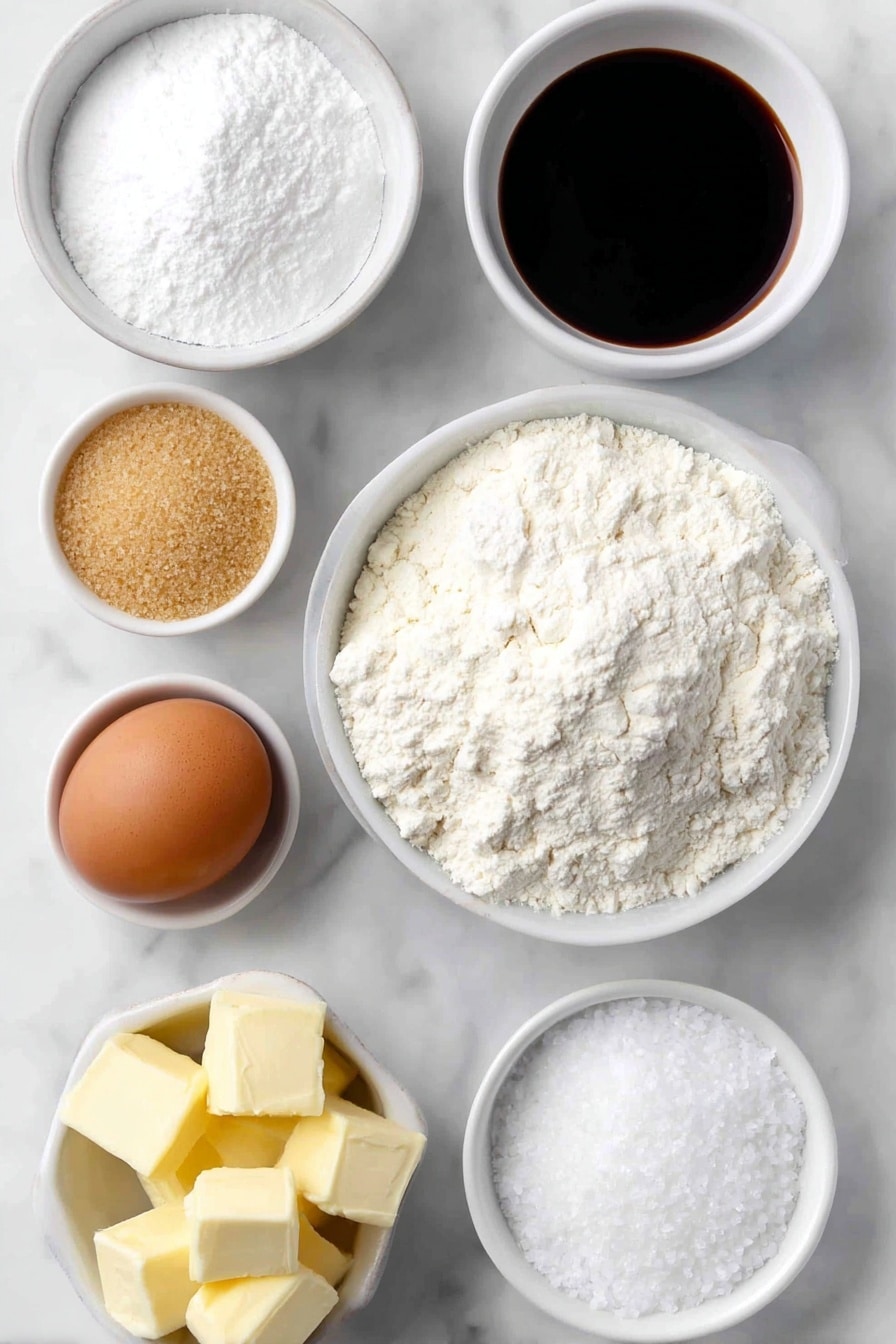 Flat lay of a small mound of all purpose flour, a small white ceramic bowl of cornstarch, a small white ceramic bowl containing baking soda, a small white ceramic bowl with baking powder, a small white ceramic bowl of salt, several cubes of unsalted butter, a small heap of light brown sugar, a small pile of granulated sugar, a small white ceramic bowl filled with salted caramel sauce, one whole brown egg with clean shell, one whole egg yolk in a small white ceramic bowl, a small white ceramic bowl of vanilla extract, a small white ceramic bowl of powdered sugar, a small white ceramic bowl of milk, a small white ceramic bowl holding flaky salt flakes, all arranged in perfect symmetry and realistic proportions, placed on a clean white marble surface, soft natural light, photo taken with an iPhone, professional food photography style, fresh ingredients, white ceramic bowls, no bottles, no duplicates, no utensils, no packaging --ar 2:3 --v 7 --p m7354615311229779997 - Salted Caramel Cookies, salted caramel cookies recipe, chewy caramel cookies, buttery caramel cookies, salted caramel cookie ideas
