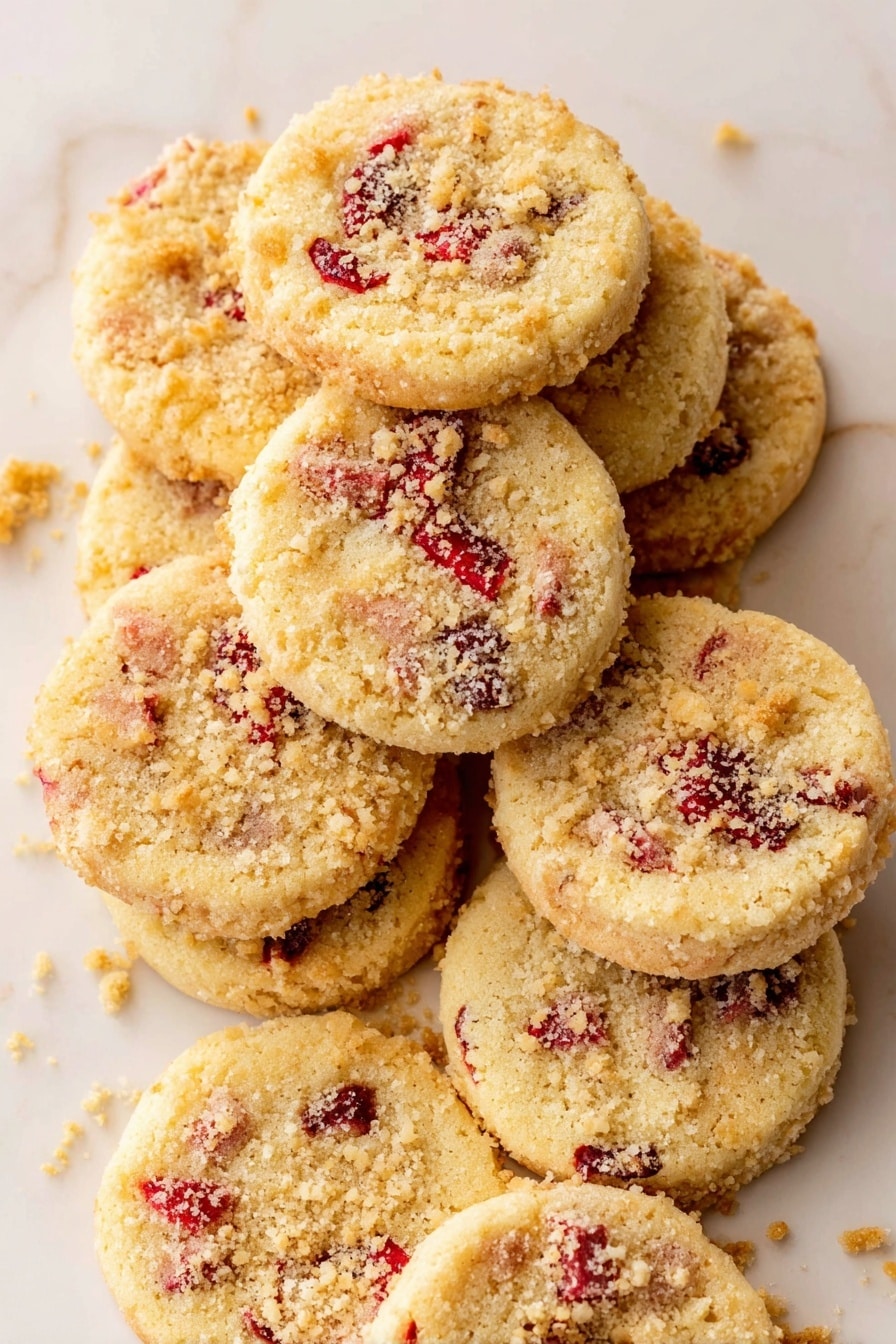 A round cookie with a light golden-brown color and a soft, crumbly texture is placed on a white marbled surface. The cookie has three visible layers: the base is a thick, pale golden dough with a slightly cracked surface, the middle layer shows hints of bright red fruit pieces embedded lightly inside, and the top layer is sprinkled with a crumbly, pale yellow topping that adds a textured contrast. The cookie looks thick and slightly uneven at the edges, highlighting its homemade style. Photo taken with an iphone --ar 2:3 --v 7 - Strawberry Shortcake Cookies, strawberry cookies recipe, shortbread strawberry cookies, easy strawberry dessert, homemade strawberry cookies