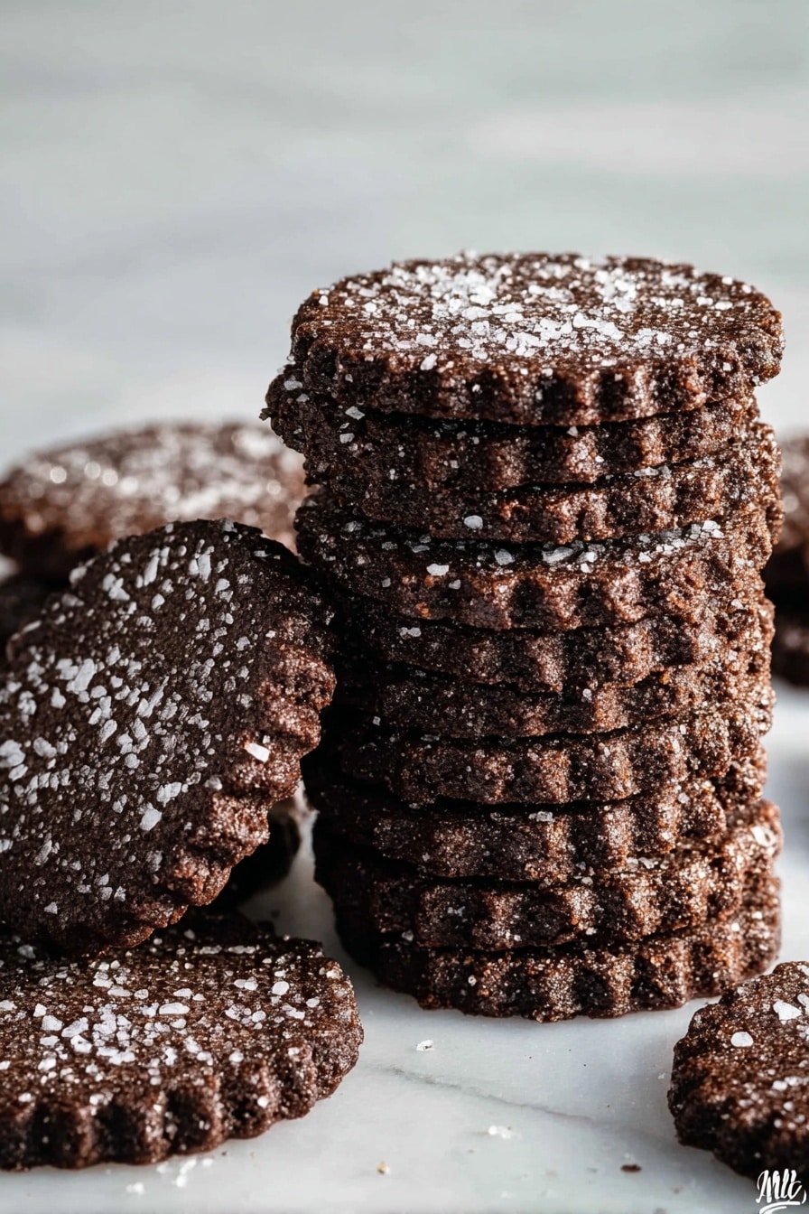 The image shows a close-up of many round, dark brown chocolate cookies with slightly rough texture and scalloped edges. Each cookie is topped with a dusting of coarse white sugar crystals that catch the light, creating a contrasting sparkle on the dark surface. The cookies overlap each other on a white marbled surface, filling the frame with a rich, textured look. photo taken with an iphone --ar 2:3 --v 7 - Chocolate Shortbread Cookies, chocolate shortbread, buttery chocolate cookies, melt-in-your-mouth cookies, easy chocolate cookies