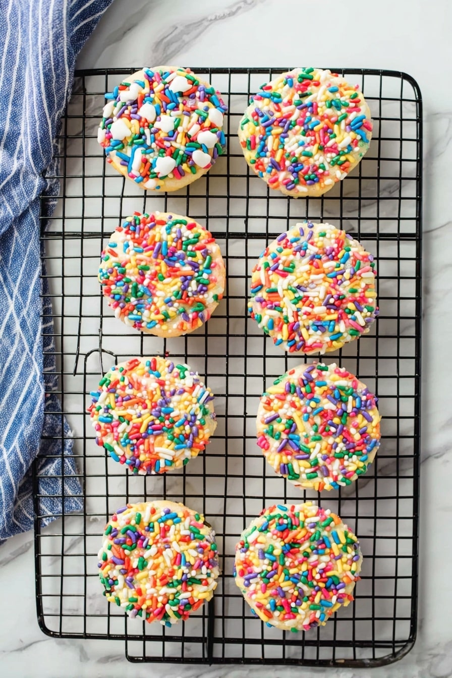 A stack of five round cookies is featured, each cookie covered with two types of colorful sprinkles; the top cookie and the third cookie from the top have small, round sprinkles in various bright colors including white, red, blue, green, yellow, and purple, while the second and fourth cookies from the top, as well as the bottom one, are coated with longer, tube-shaped sprinkles in red, green, orange, yellow, white, blue, pink, and brown. The cookies show a golden-brown baked surface underneath the sprinkles, and the stack is set on a white marbled surface with blurred cookies and a white plate in the background. photo taken with an iphone --ar 2:3 --v 7 - Rainbow Sprinkle Cookies, colorful sprinkle cookies, soft sugar cookies with sprinkles, easy rainbow cookie recipe, party-inspired cookies