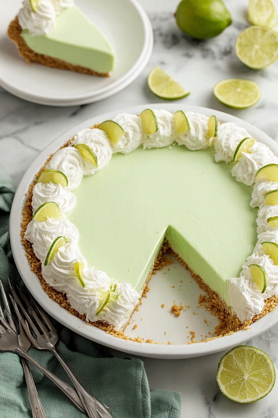 This image shows a pale green key lime pie in a white pie dish on a white marbled surface. The pie has three layers: a crumbly light brown crust at the bottom, a thick smooth pale green filling in the middle, and a white whipped cream border around the top edge. The whipped cream is swirled with soft peaks and decorated with small lime wedges evenly spaced along the edge. A single slice is missing from the pie, revealing the clean cut between the layers. In the background, there is a white plate with a slice of the same pie, and several halved and whole limes scattered on the white marbled surface. A green cloth and two metal forks are placed near the front bottom corner of the image. Photo taken with an iphone --ar 2:3 --v 7 - Lime Jello Pie, Lime Jello Pie recipe, tangy lime dessert, no-bake lime pie, easy summer dessert