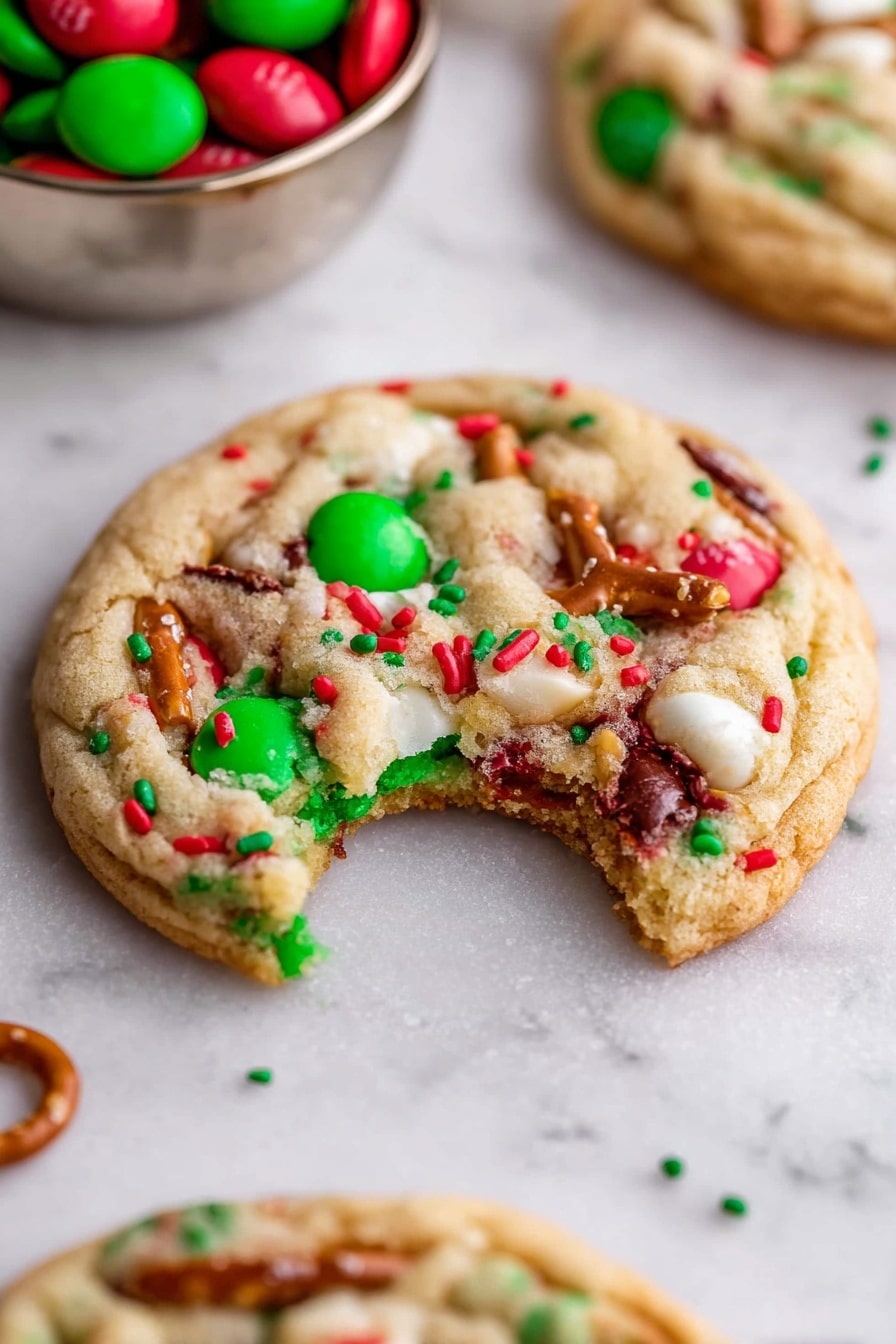 A single round cookie with a light golden surface, filled with bright green and red candy pieces, small red and green sprinkles scattered throughout, and visible chunks of pretzel adding a shiny brown and textured contrast. The cookie has a bite taken from its edge, revealing a soft, slightly crumbly inside with candy bits visible inside. It rests on a white marbled surface with an out-of-focus cookie and a silver bowl filled with similar colorful candies in the background. photo taken with an iphone --ar 2:3 --v 7 - Christmas Kitchen Sink Cookies, holiday cookie recipes, festive cookie ideas, homemade Christmas cookies, colorful holiday treats