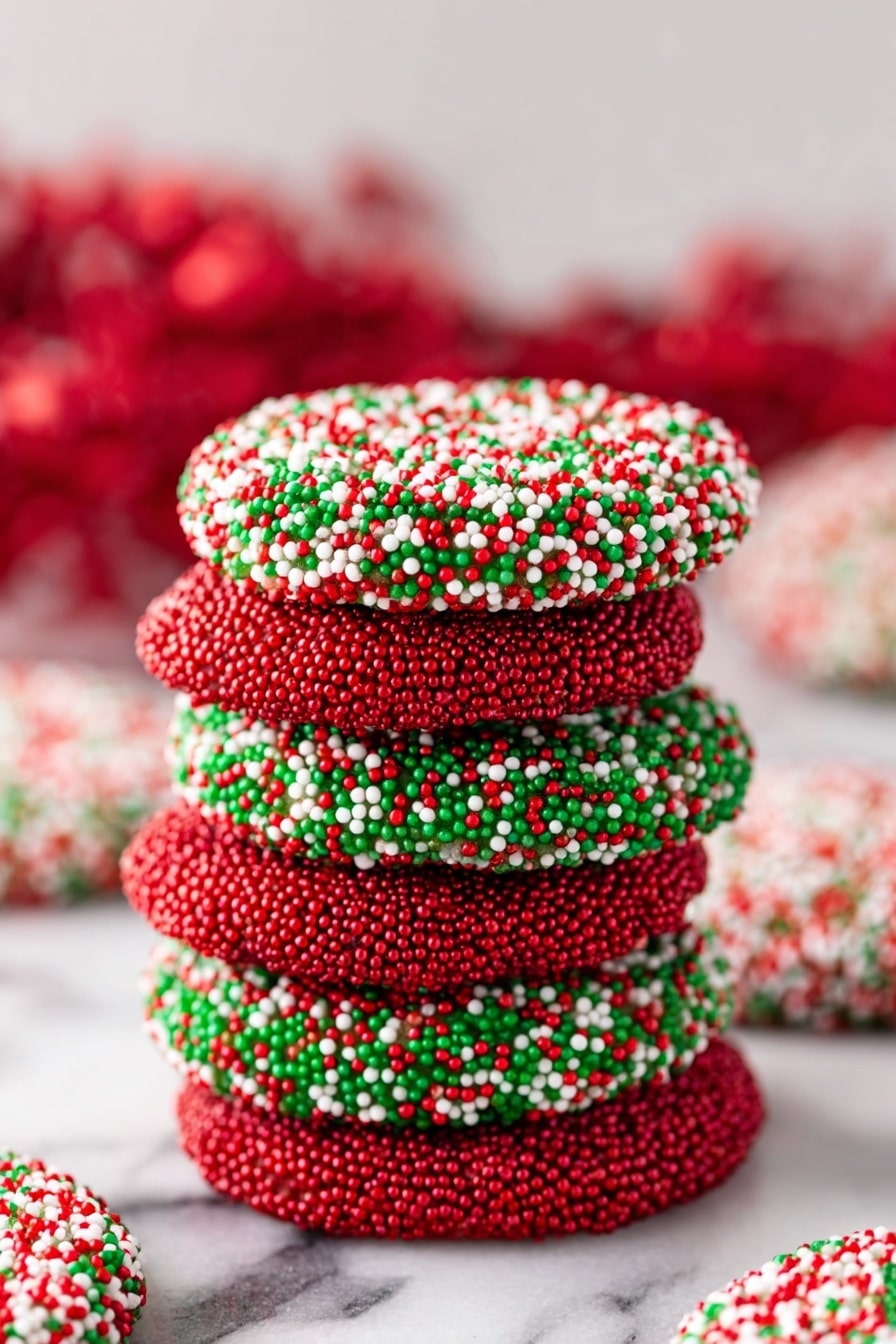 The image shows a baking tray with white parchment paper holding a group of round cookies. The cookies come in two designs: one set is bright red with a smooth, slightly crackled texture, while the other set is covered with small round sprinkles in red, green, and white colors, creating a speckled pattern. The cookies are spread unevenly on the tray with some sprinkles scattered around. The tray is placed on a white marbled surface. photo taken with an iphone --ar 2:3 --v 7 - Festive Christmas Sprinkle Cookies, Christmas cookies with sprinkles, holiday sugar cookie ideas, easy Christmas cookie recipes, colorful holiday treats