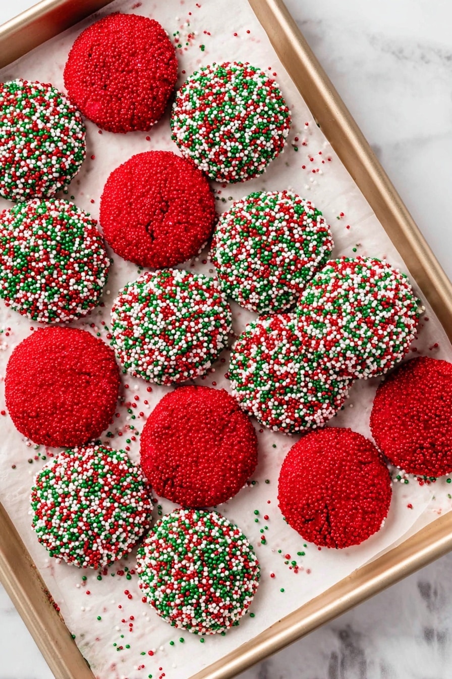 A white plate holds two types of round cookies, stacked in two layers. The first type of cookie is fully covered in tiny red sprinkles, giving a textured bright red look. The second type is covered in small round sprinkles in red, green, and white, making a festive and colorful pattern all over the cookie's surface. The plate is on a white marbled surface with a white cloth that has bold red stripes nearby. Photo taken with an iphone --ar 2:3 --v 7 - Festive Christmas Sprinkle Cookies, Christmas cookies with sprinkles, holiday sugar cookie ideas, easy Christmas cookie recipes, colorful holiday treats