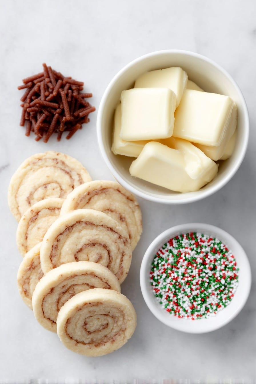 Flat lay of a neat stack of round pinwheel cookies with visible swirl patterns, a small pile of bright red Twizzlers Pull and Peel strings loosely arranged, a simple white ceramic bowl filled with smooth, glossy green melting chocolate wafers, and a small white bowl containing a mix of red and green Christmas sprinkles, all arranged symmetrically with balanced spacing, placed on a clean white marble surface, soft natural light, photo taken with an iPhone, professional food photography style, fresh ingredients, white ceramic bowls, no bottles, no duplicates, no utensils, no packaging --ar 2:3 --v 7 --p m7354615311229779997 - Christmas Wreath Cookies, festive holiday cookies, Christmas baking ideas, holiday cookie decorations, easy Christmas cookies