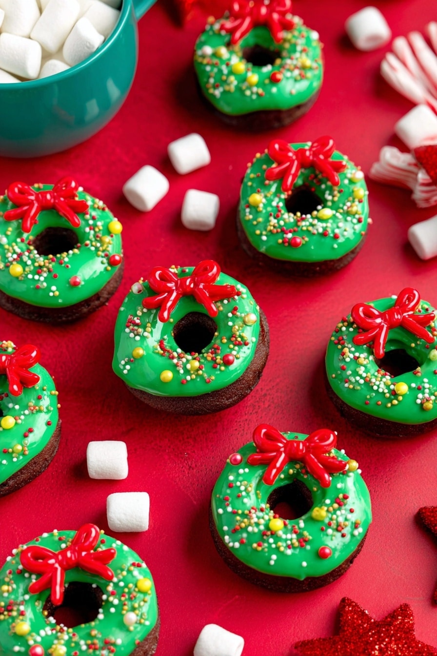 The image shows a group of small donuts arranged on a bright red surface with a white marbled texture changed in the background. Each donut has two layers: a base chocolate layer with a smooth dark brown color, and a top bright green frosting layer that looks thick and creamy, covering the whole top and edges. The green frosting is decorated with small round and stick sprinkles in white, yellow, red, and green colors. On top of each donut, there is a red candy shaped like a bow made of thin strips. Around the donuts, there are a few small white marshmallows, one chocolate donut without green frosting, a few red licorice sticks on the right, and part of a teal cup filled with more marshmallows in the top left corner. photo taken with an iphone --ar 2:3 --v 7 - Christmas Wreath Cookies, festive holiday cookies, Christmas baking ideas, holiday cookie decorations, easy Christmas cookies