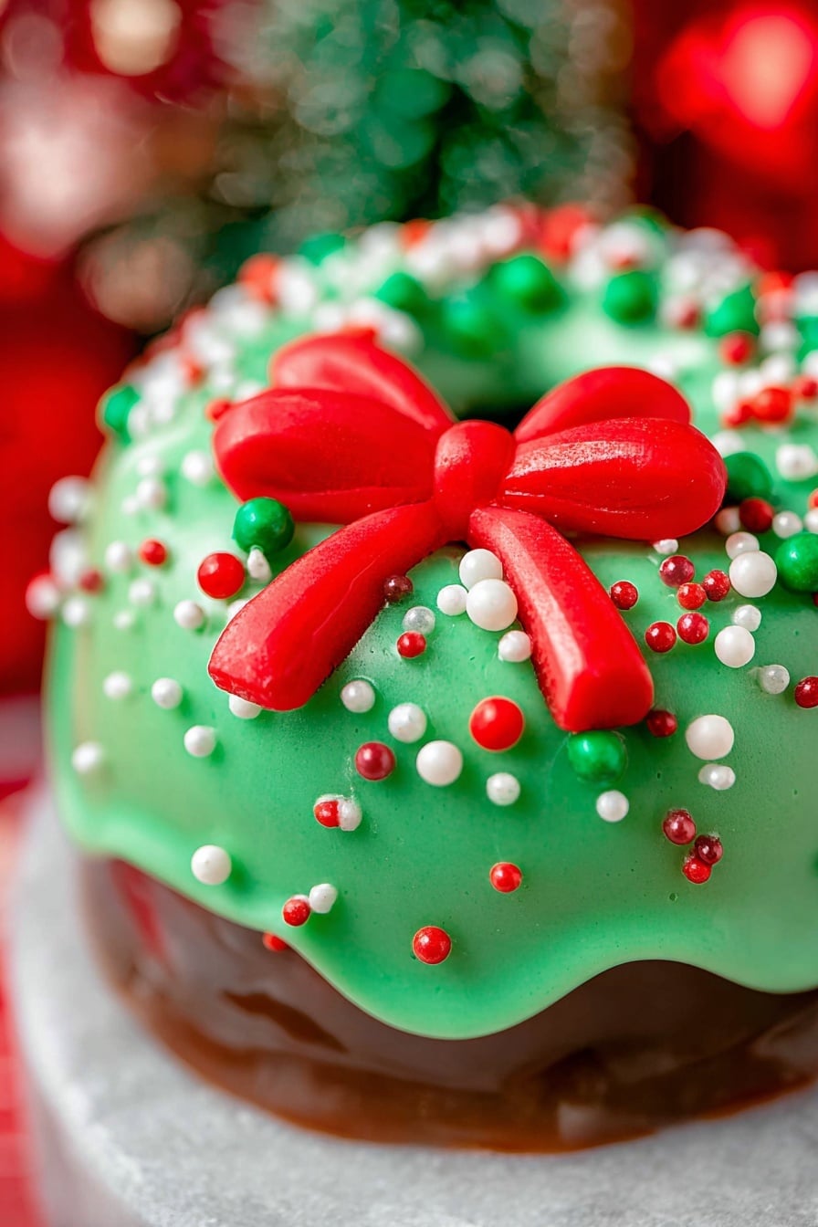 The image shows a close-up of a small circular cake with a smooth green icing layer that covers the entire top and sides evenly. This green layer is decorated with small round sprinkles in red, white, and green colors, along with some larger round candy pieces. On top of the green icing, there is a bright red candy piece shaped like a bow placed slightly off-center. The cake rests on a larger base layer covered with brown icing, showing a glossy and slightly uneven texture beneath the smaller decorated cake. The background is softly blurred with festive red and green hues, all on a white marbled surface. photo taken with an iphone --ar 2:3 --v 7 - Christmas Wreath Cookies, festive holiday cookies, Christmas baking ideas, holiday cookie decorations, easy Christmas cookies