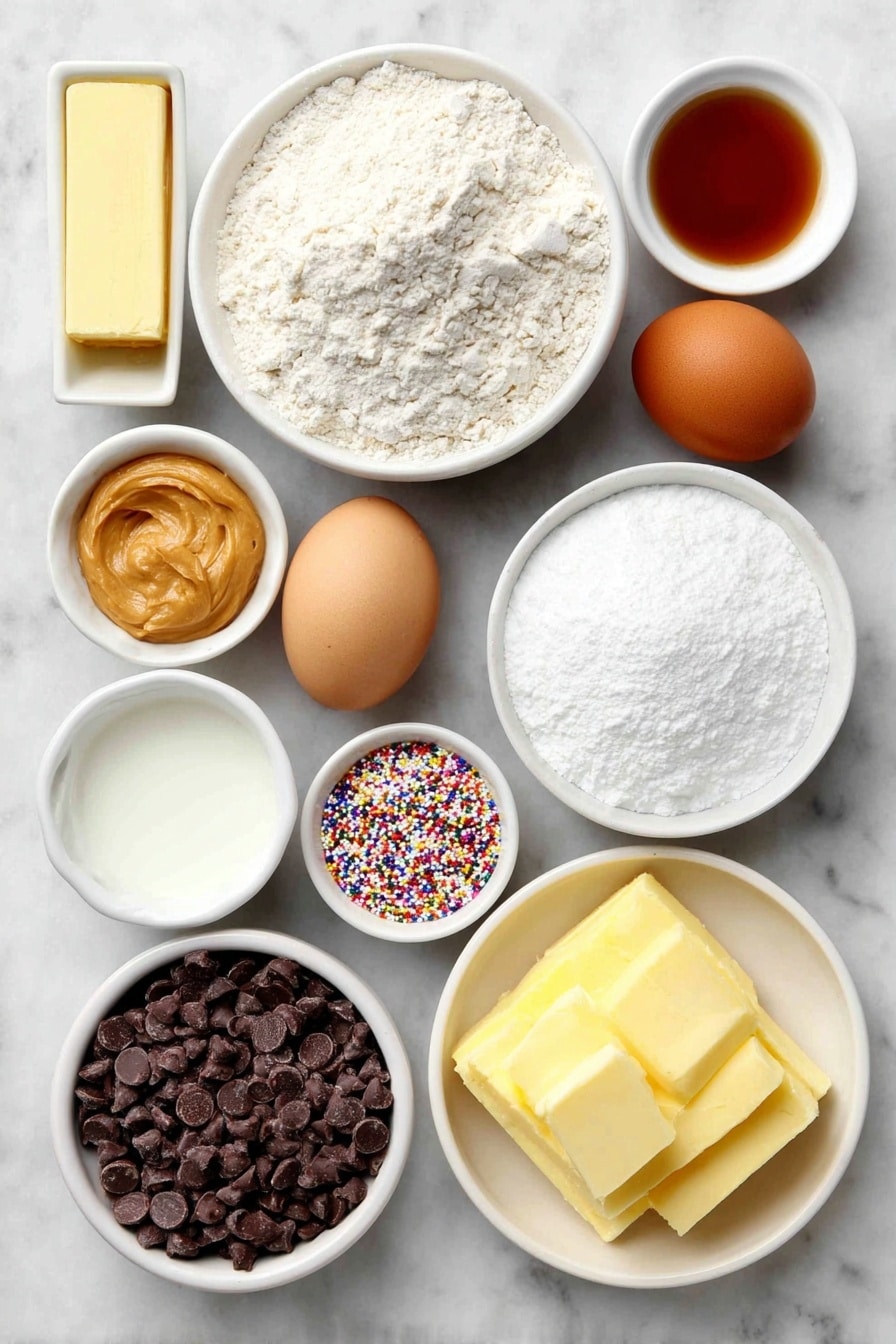 Flat lay of a small pile of all-purpose flour in a simple white ceramic bowl, a small white ceramic bowl with baking powder, a small white ceramic bowl with baking soda, a small white ceramic bowl with kosher salt, a half cup of unsalted butter in a white ceramic dish, a dollop of creamy peanut butter on a white ceramic plate, a small white ceramic bowl filled with granulated sugar, a small white ceramic bowl filled with light brown sugar, one large whole brown egg with a clean shell, a small white ceramic bowl with clear vanilla extract, a small white ceramic bowl filled with semi-sweet chocolate chips, a small white ceramic bowl containing coconut oil, and a small white ceramic bowl with colorful holiday sprinkles, all arranged symmetrically and proportionately, placed on a clean white marble surface, soft natural light, photo taken with an iPhone, professional food photography style, fresh ingredients, white ceramic bowls, no bottles, no duplicates, no utensils, no packaging --ar 2:3 --v 7 --p m7354615311229779997 - Peanut Butter Chocolate Christmas Cookies, holiday cookie recipes, easy Christmas cookies, festive cookie ideas, holiday baking treats