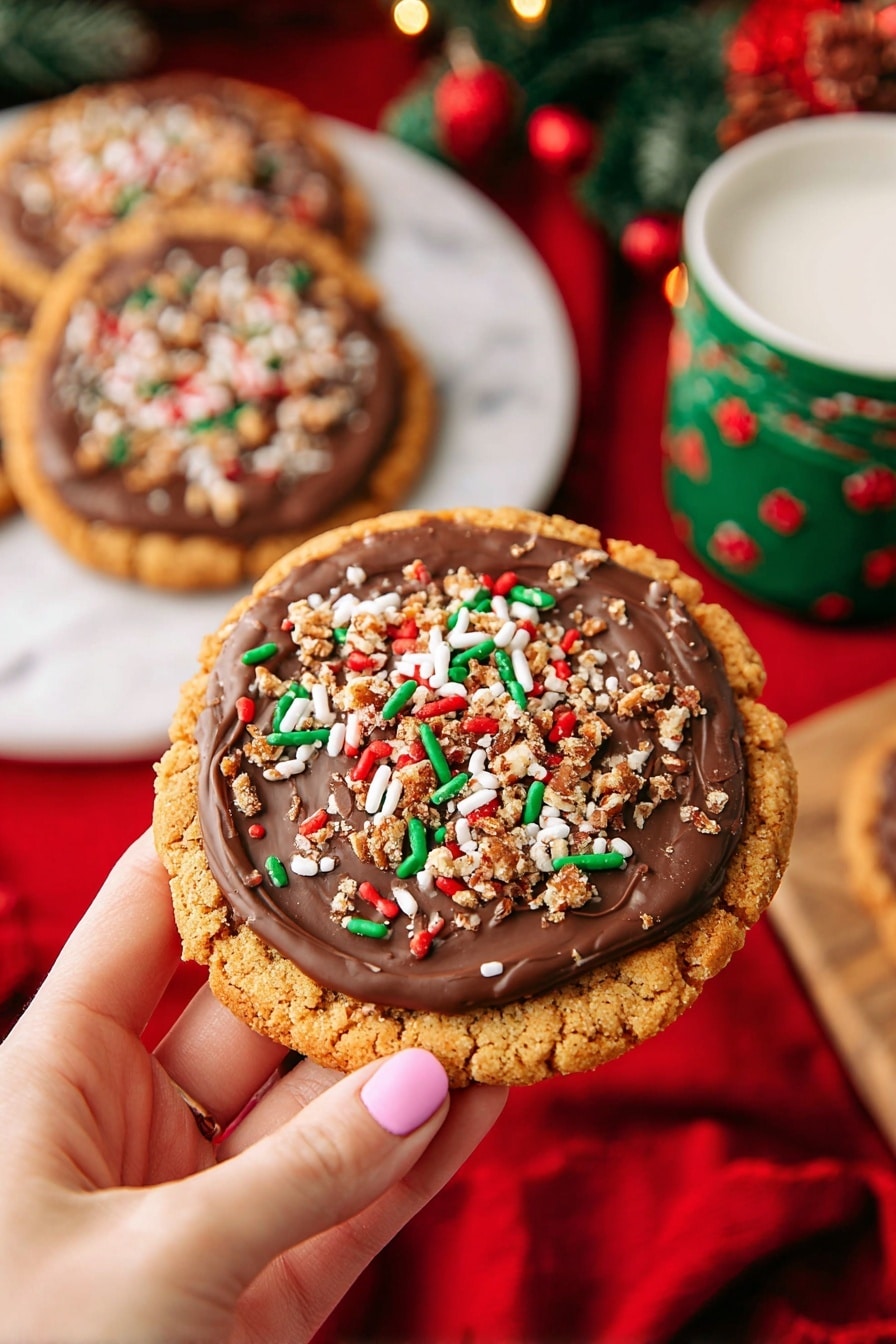 A stack of three large round cookies sits on a white plate with a red rim, placed on a white marbled surface. Each cookie has a golden-brown crunchy texture with chocolate chips inside, topped with a thick layer of dark chocolate. The chocolate tops are decorated with chopped nuts and red, white, and green sprinkle dots. The top cookie is broken in half, showing a soft inside, and slightly leaning on the middle cookie. In the blurry background, a green mug with white reindeer and tree patterns adds a festive touch. Photo taken with an iphone --ar 2:3 --v 7 - Christmas Crack Toffee Cookies, salty sweet toffee cookies, holiday toffee cookies recipe, buttery chocolate toffee treats, easy Christmas cookie recipes