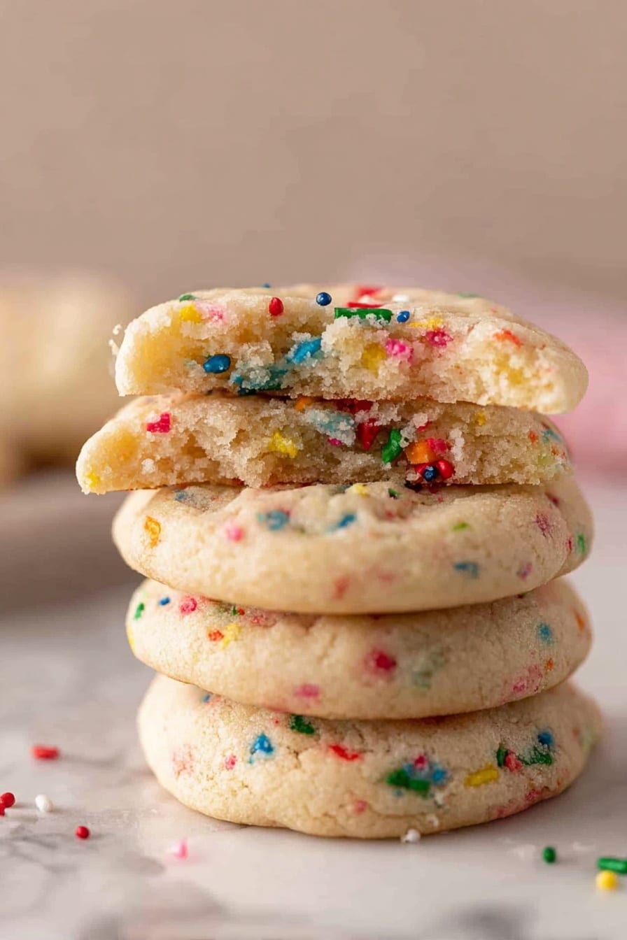 A stack of four round cookies is shown on a white marbled surface. The bottom three cookies are whole and light beige with small colorful sprinkles of red, green, yellow, blue, and pink scattered throughout. On top of the stack is a cookie broken in half, revealing a soft inside that also contains the same colorful sprinkles evenly spread in the dough. The texture of the cookies looks soft and slightly chewy, with a smooth surface except where the sprinkles create small bumps. The background is out of focus, giving full attention to the cookies. Photo taken with an iphone --ar 2:3 --v 7 - Sprinkle Sugar Cookies, sprinkle sugar cookies, colorful sugar cookies, soft chewy sugar cookies, easy cookie recipes