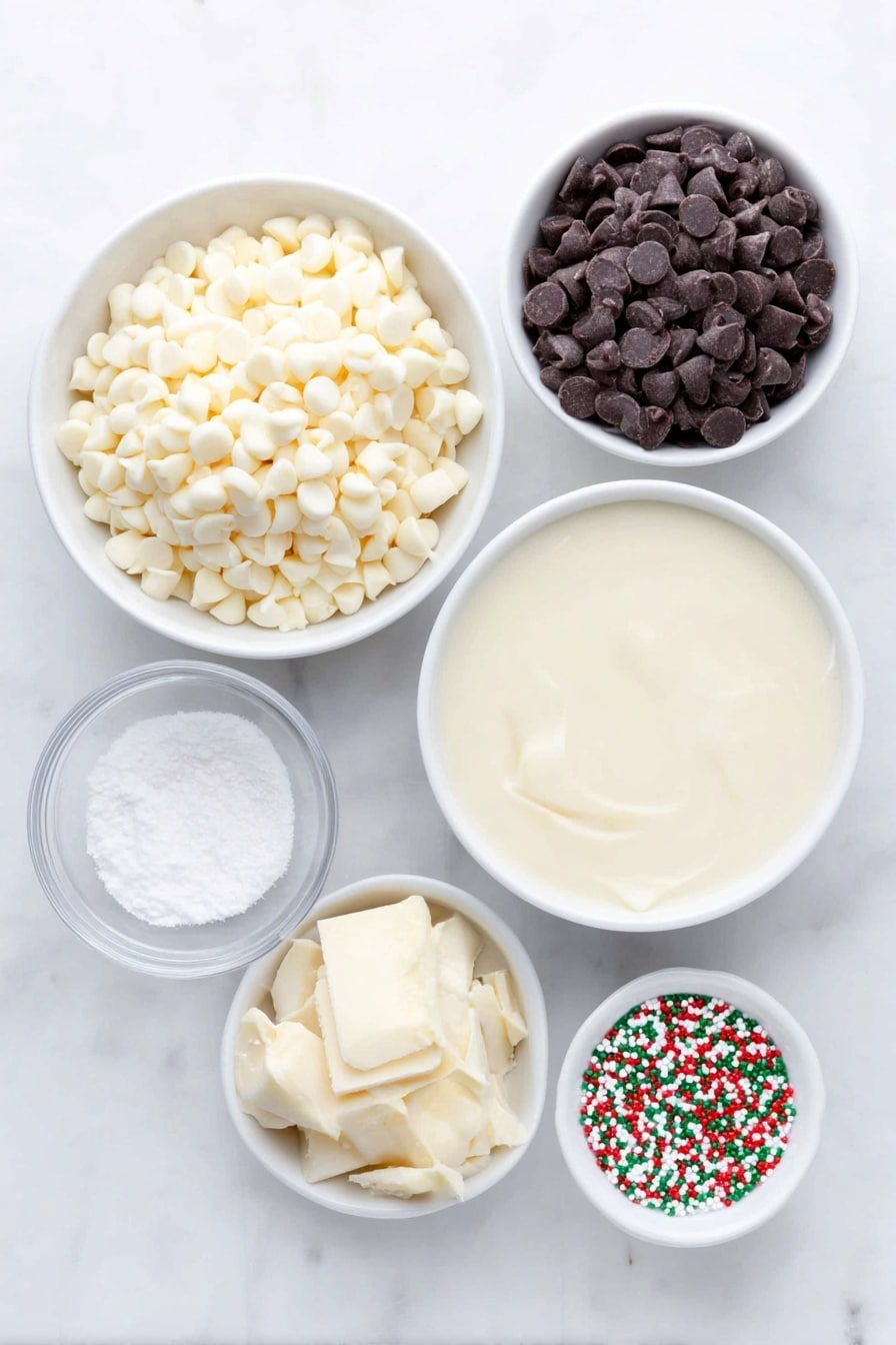 Flat lay of a small mound of glossy white chocolate chips in a simple white ceramic bowl, a small mound of shiny semi-sweet chocolate chips in another white ceramic bowl, two portions of thick, creamy sweetened condensed milk each in separate small white ceramic bowls, a tiny white ceramic bowl holding clear vanilla extract, a small white ceramic bowl filled with colorful Christmas sprinkles with reds, greens, and whites clearly visible, all ingredients arranged in perfect symmetry without duplicates, placed on a clean white marble surface, soft natural light, photo taken with an iPhone, professional food photography style, fresh ingredients, white ceramic bowls, no bottles, no duplicates, no utensils, no packaging --ar 2:3 --v 7 --p m7354615311229779997 - Festive White Chocolate Fudge, holiday white chocolate fudge, easy Christmas fudge, white chocolate dessert recipe, holiday treat ideas