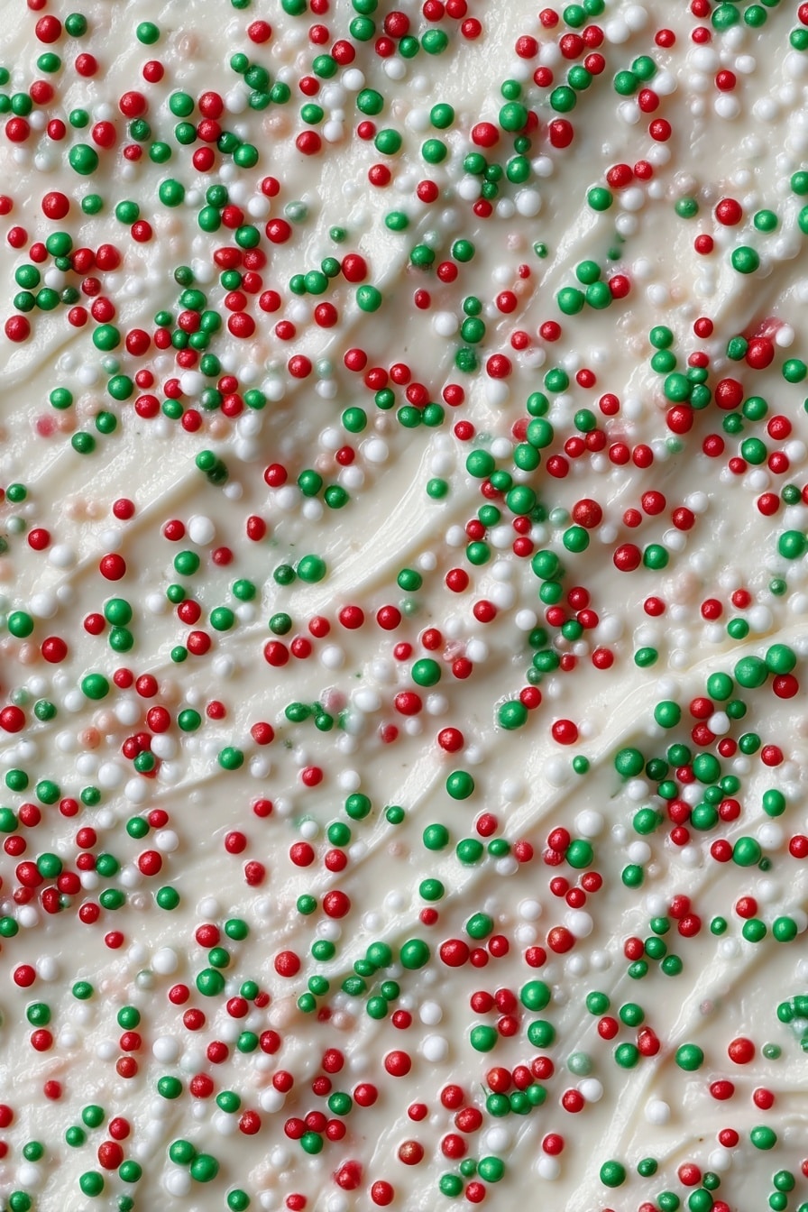 The image shows a stack of four square-shaped layered treats with two layers each: a smooth dark brown bottom layer and a creamy off-white top layer. The top layer is decorated with small round sprinkles in red, green, and white colors, spreading across the surface and a few scattered around the stack. The top piece has one corner slightly bitten off, revealing the neat division between the two layers. The background is a white marbled texture with soft lighting, giving a warm and inviting feel. photo taken with an iphone --ar 2:3 --v 7 - Festive White Chocolate Fudge, holiday white chocolate fudge, easy Christmas fudge, white chocolate dessert recipe, holiday treat ideas