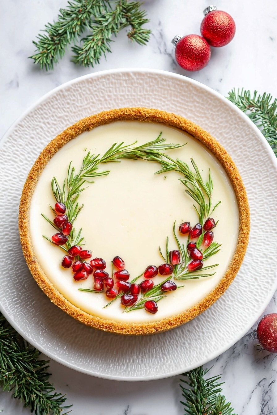A whole pie with a smooth, creamy white filling sits on a white textured plate, showing a slice removed to reveal the thick golden-brown crust that edges the pie. The filling is decorated with green rosemary sprigs and small red pomegranate seeds arranged, forming a wreath-like pattern near the crust. The single slice is placed on a plain white plate with an ornate silver fork resting beside it. Both plates rest on a white marbled surface with green pine branches and two shiny red Christmas ornaments nearby. photo taken with an iphone --ar 2:3 --v 7 - Eggnog Cheesecake with Rum and Spices, holiday cheesecake recipe, festive dessert with eggnog, rum-spiced cheesecake, holiday dessert ideas