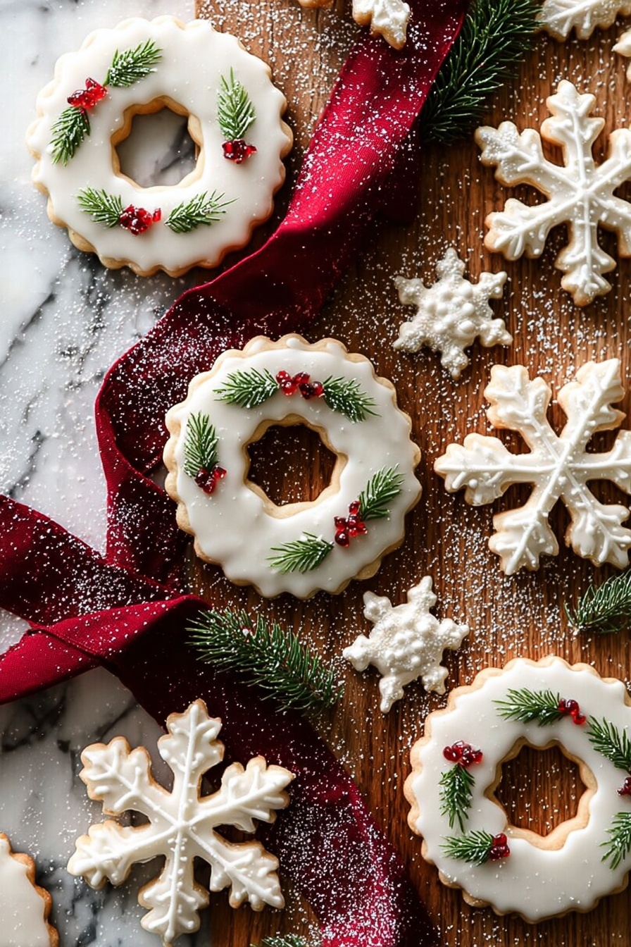 The image shows round cookies with scalloped edges and a hole in the center, decorated with smooth white icing. One cookie is topped with small green rosemary sprigs and two small red and white peppermint pieces, dusted lightly with powdered sugar. Other cookies in the shape of stars and snowflakes also have the same white icing coating. The cookies are arranged on a white marbled surface, with powdered sugar scattered around, and a red textured cloth partially visible on the left side. photo taken with an iphone --ar 2:3 --v 7 - Vanilla Ginger Wreath Cookies, holiday cookie recipes, festive Christmas cookies, spiced ginger cookies, wreath shaped cookies