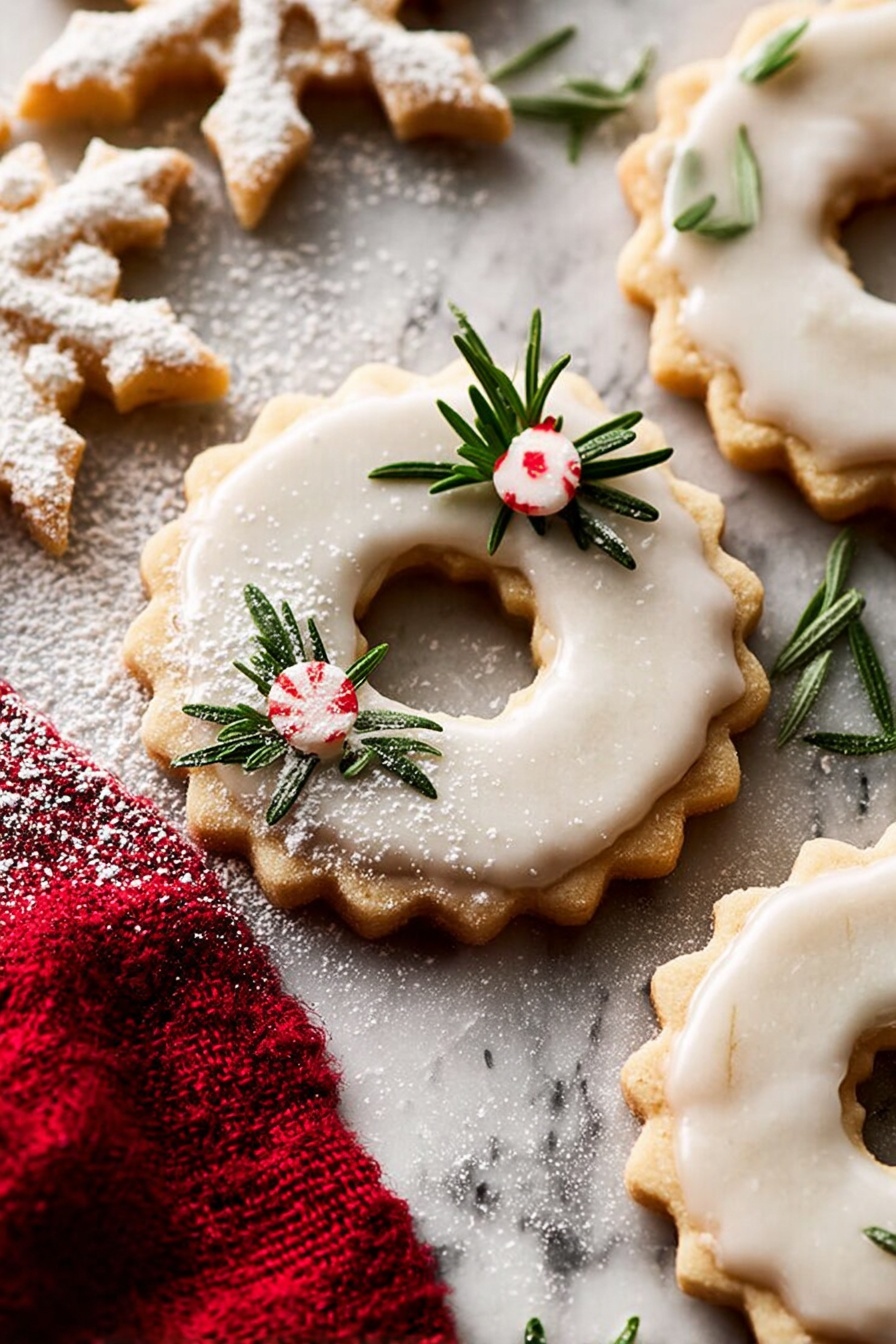 The image shows several light beige wreath-shaped cookies with scalloped edges, each decorated with a thin white icing layer that looks smooth and matte. On top of the icing, small green rosemary sprigs and two tiny red peppermint candies are placed near the top right of each cookie. The cookies are scattered on a wooden surface dusted with a white powder that looks like sugar or flour, and a bright red velvet cloth lies on the left side adding contrast. Small snowflake-shaped cookies with the same icing are also visible around the edges. The scene has a festive and cozy feel, with a mix of textures from the smooth icing, rough rosemary, and powdery dusting photo taken with an iphone --ar 2:3 --v 7 - Vanilla Ginger Wreath Cookies, holiday cookie recipes, festive Christmas cookies, spiced ginger cookies, wreath shaped cookies