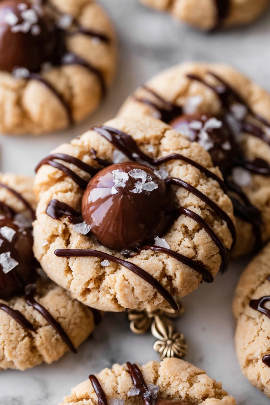 A group of round cookies with a light brown, textured base are arranged on a white, patterned serving board with a hole at the end. Each cookie has a dark chocolate drop centered on top and is drizzled with thin lines of dark chocolate. One cookie is balanced on the edge of a clear glass filled with white milk. A red and white twisted string winds around the cookies and board, placed on a white marbled surface. The overall setting is bright and cozy, with soft natural light. photo taken with an iphone --ar 2:3 --v 7 - Chocolate Peanut Butter Crinkle Cookies, peanut butter and chocolate cookies, soft crinkle cookies, easy cookie recipes, chocolate peanut butter treats