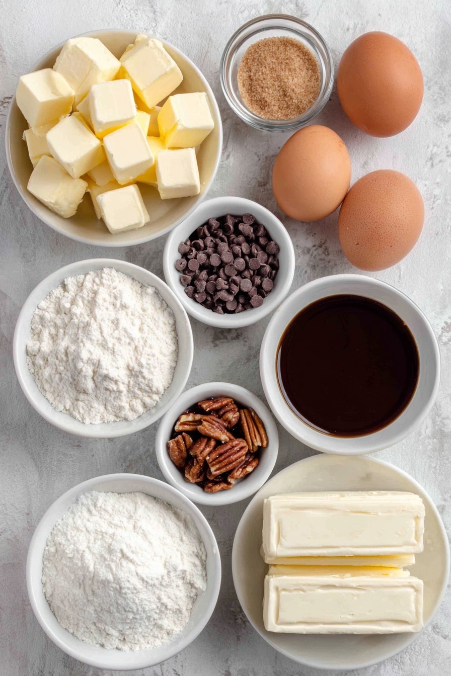 Flat lay of a small pile of unsalted butter cubes, a small white bowl of light brown sugar, a small white bowl of milk, two whole brown eggs with clean shells, a small white bowl of pure vanilla extract, a small white bowl of all-purpose flour, a pinch of fine sea salt next to a small white bowl of baking soda, a small white bowl of mini semi-sweet chocolate chips, a small pile of finely chopped pecans, three blocks of cream cheese stacked neatly, a small white bowl of granulated sugar, three whole large eggs with clean shells, a small white bowl of heavy cream, a small white bowl of caramel sauce, a small white bowl of melted semi-sweet chocolate placed on a clean white marble surface, soft natural light, photo taken with an iPhone, professional food photography style, fresh ingredients, white ceramic bowls, no bottles, no duplicates, no utensils, no packaging --ar 2:3 --v 7 --p m7354615311229779997 - Mini Turtle Cheesecake Bites, chocolate caramel cheesecake bites, no-bake mini cheesecakes, bite-sized turtle dessert, easy turtle cheesecake treats
