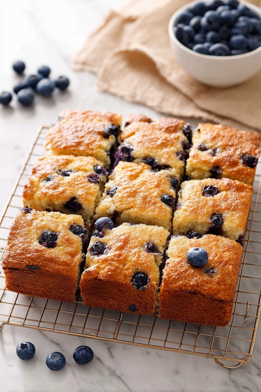 A square golden-brown baked blueberry cake is cut into nine equal pieces, with a slightly shiny, textured crust on top showing soft, light-yellow crumb inside. Plump blueberries are visible inside the cake and scattered on top, adding dark blue spots. The cake rests on a cooling rack placed on a white marbled surface. In the background, a small white bowl filled with fresh blueberries sits next to a beige cloth. A few loose blueberries are scattered near the bowl. photo taken with an iphone --ar 2:3 --v 7 - Blueberry Biscuits with Honey Butter, blueberry biscuit recipe, homemade blueberry biscuits, breakfast blueberry biscuits, flaky blueberry biscuits